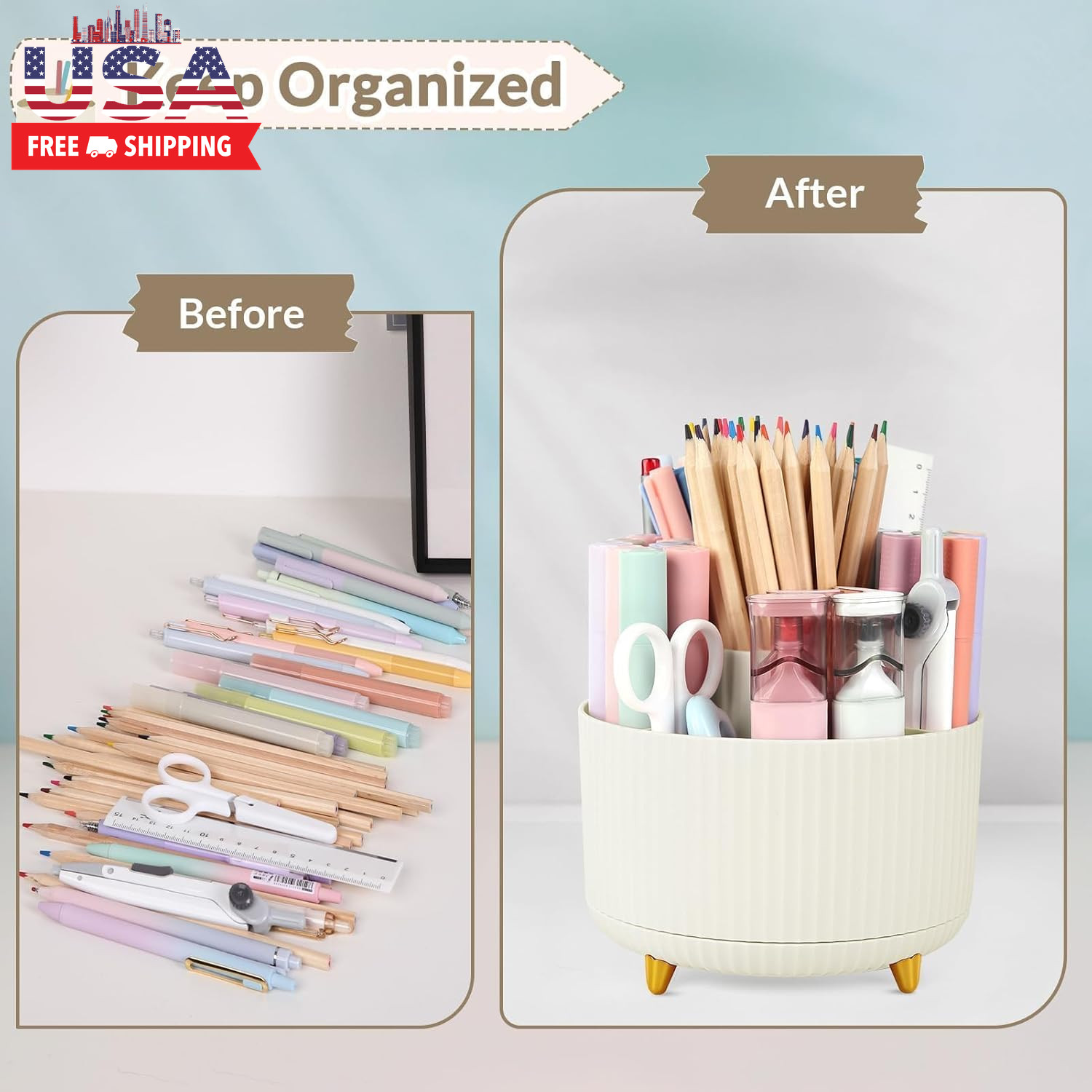360 Rotating Plastic Desk Pen Organizer with 5 Slots, Dual-Purpose Art Supply Pe