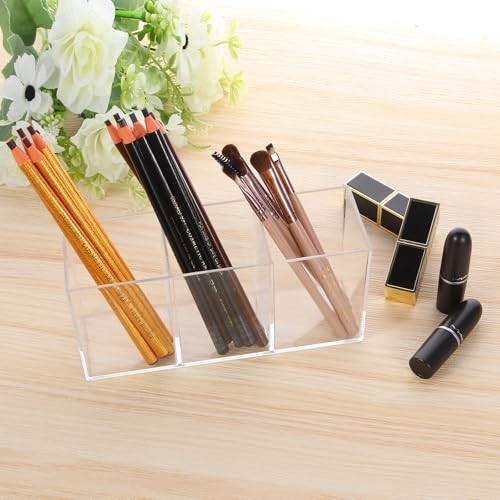 Clear Acrylic Silverware Organizer 3 Compartment Desk Pen Holder Utensil Caddy