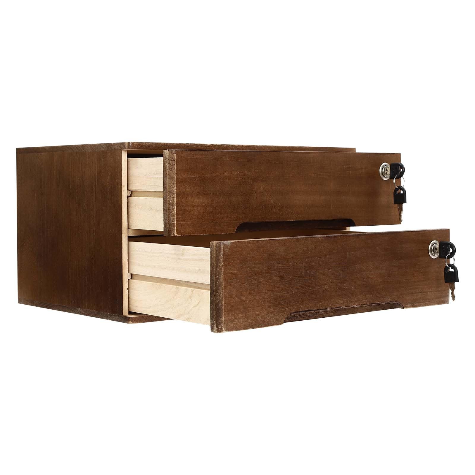 ZERNEIL 2-Tier Wooden Desktop Storage Box with Lockable Drawers, Flat Walnut
