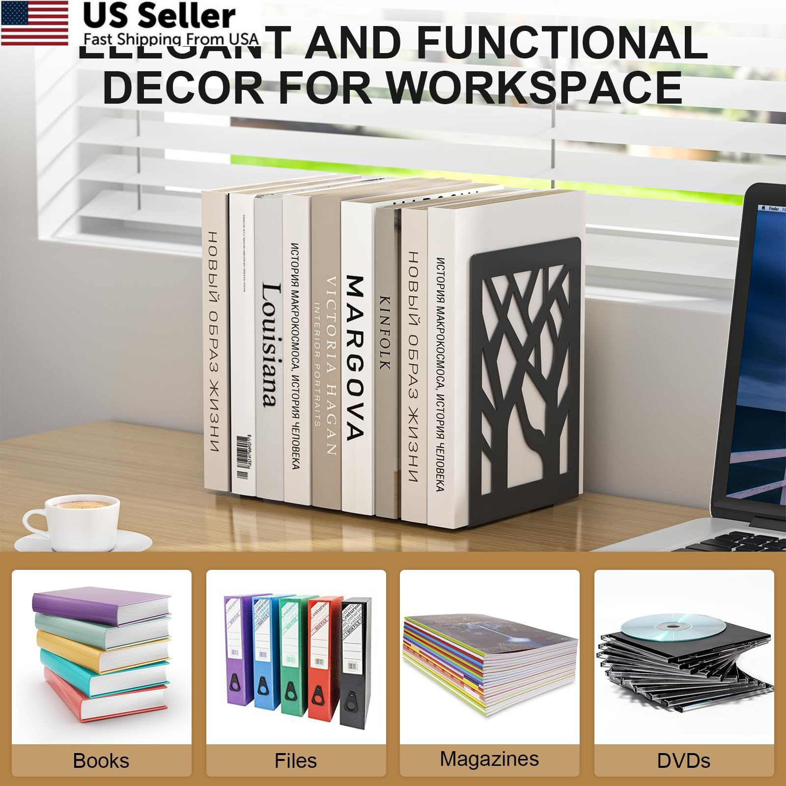 ALOTCHE Bookends 4 Pieces, Tree Design Modern Metal Black 4 Pieces