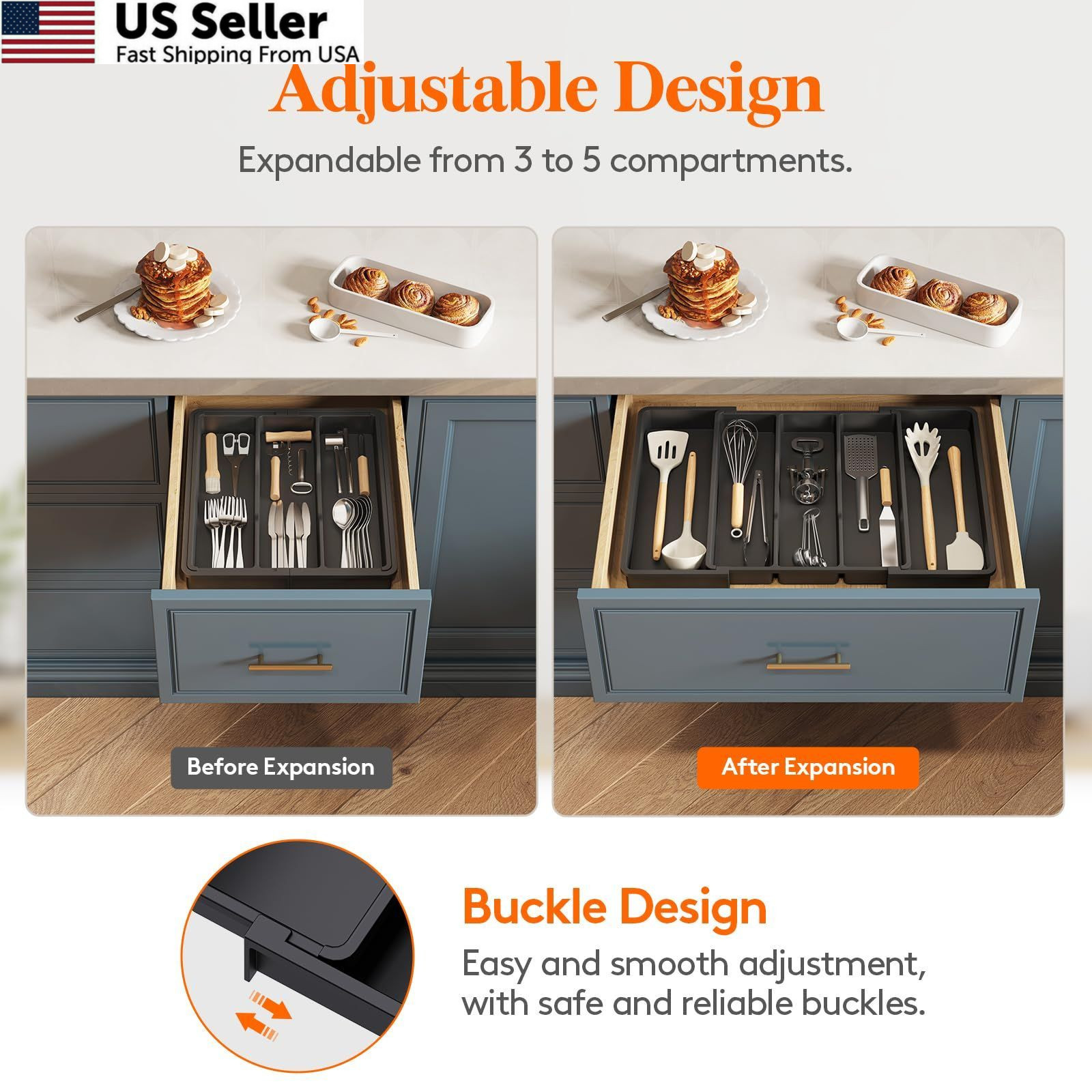 Lifewit Utensil Organizer for Kitchen Drawers, Large(13-22”W x 15″D), Black