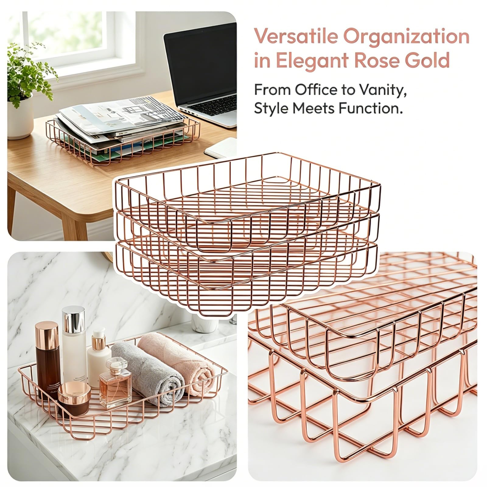 3 PCS Rose Gold Wire File Tray Desk Paper Letter Magazine Organizer Basket