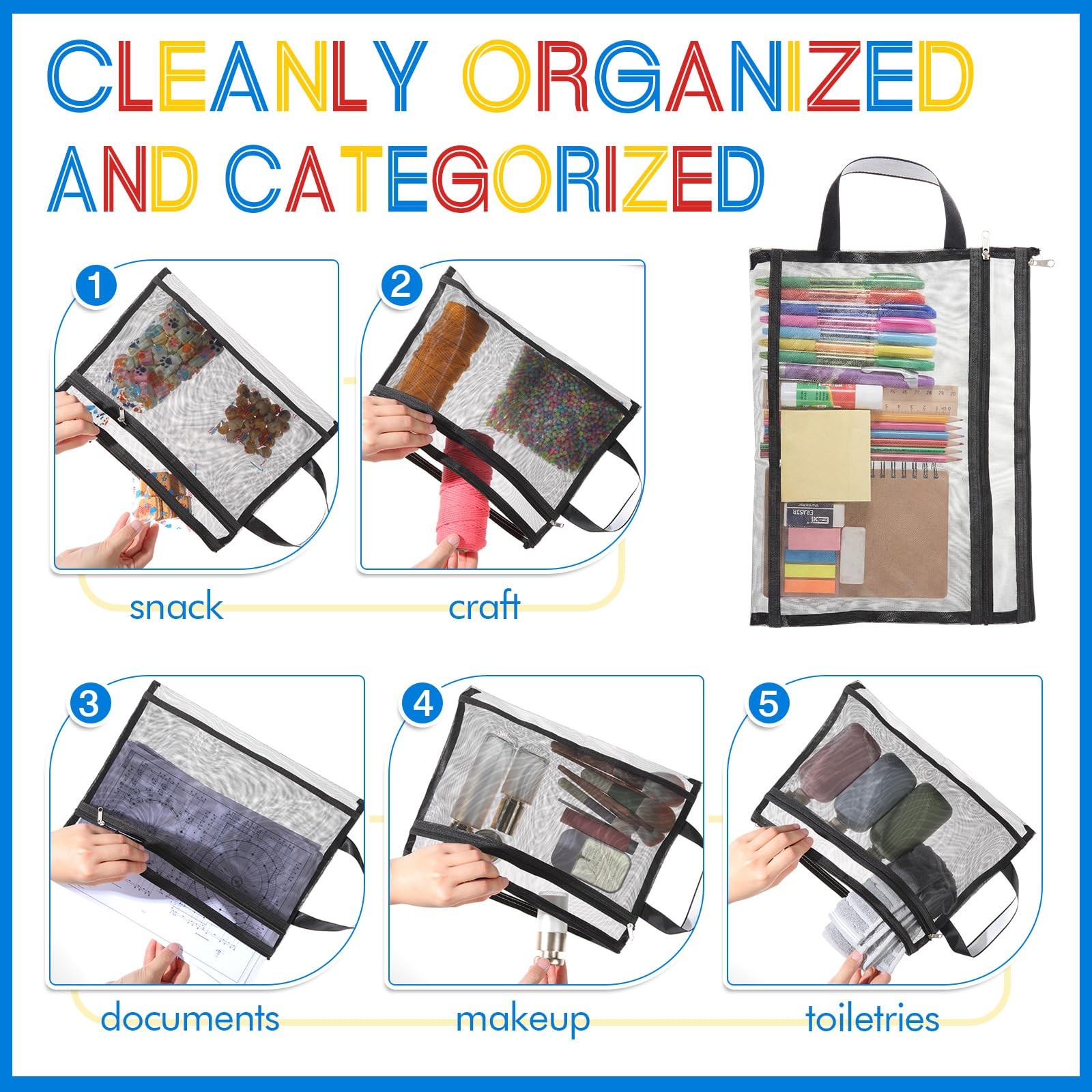 12 Pcs Double Layer Mesh Zipper Pouch Bags with Handles Black and Gray A4 Nyl…