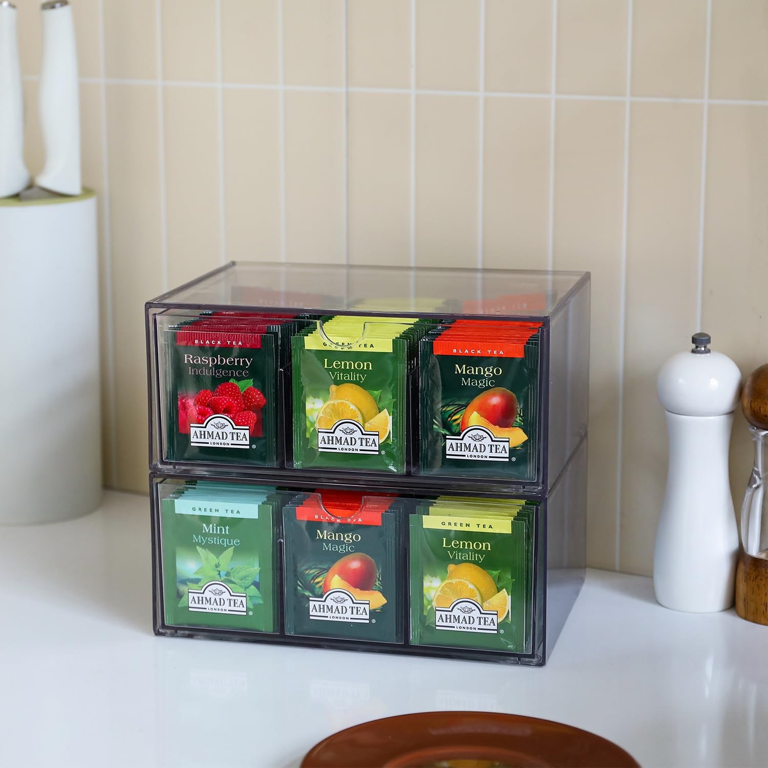CLUQMEIK 2 Large Acrylic Tea Bag Organizer, 9 Grids 9.05*6.5*7.88″, 9+9 grids