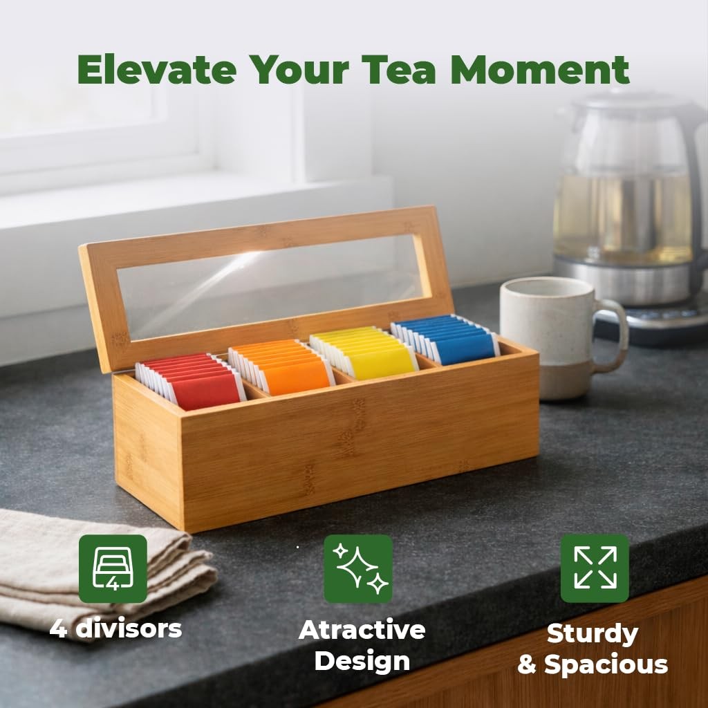 Whotti Tea Bag Organizer – Bamboo Box with Compact, Natural