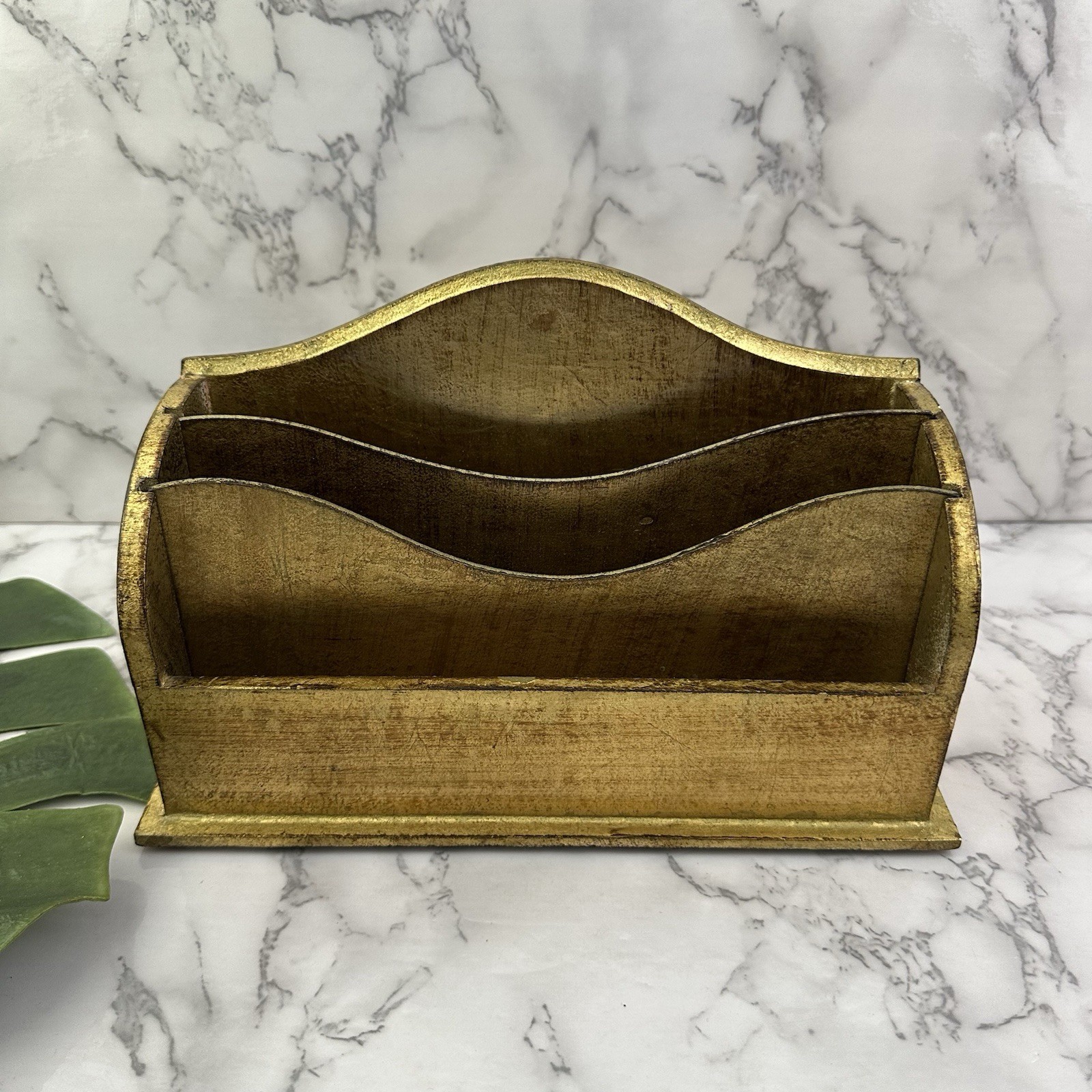 Vintage 90s Mail File Organizer Gold Metallic Finish Italy Desk Office Wood