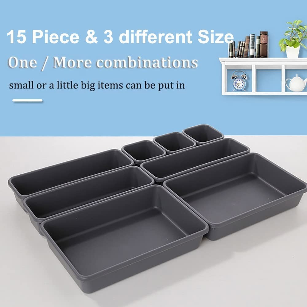 15 PCS Interlocking Desk Drawer Organizer – Black Plastic Storage Bins