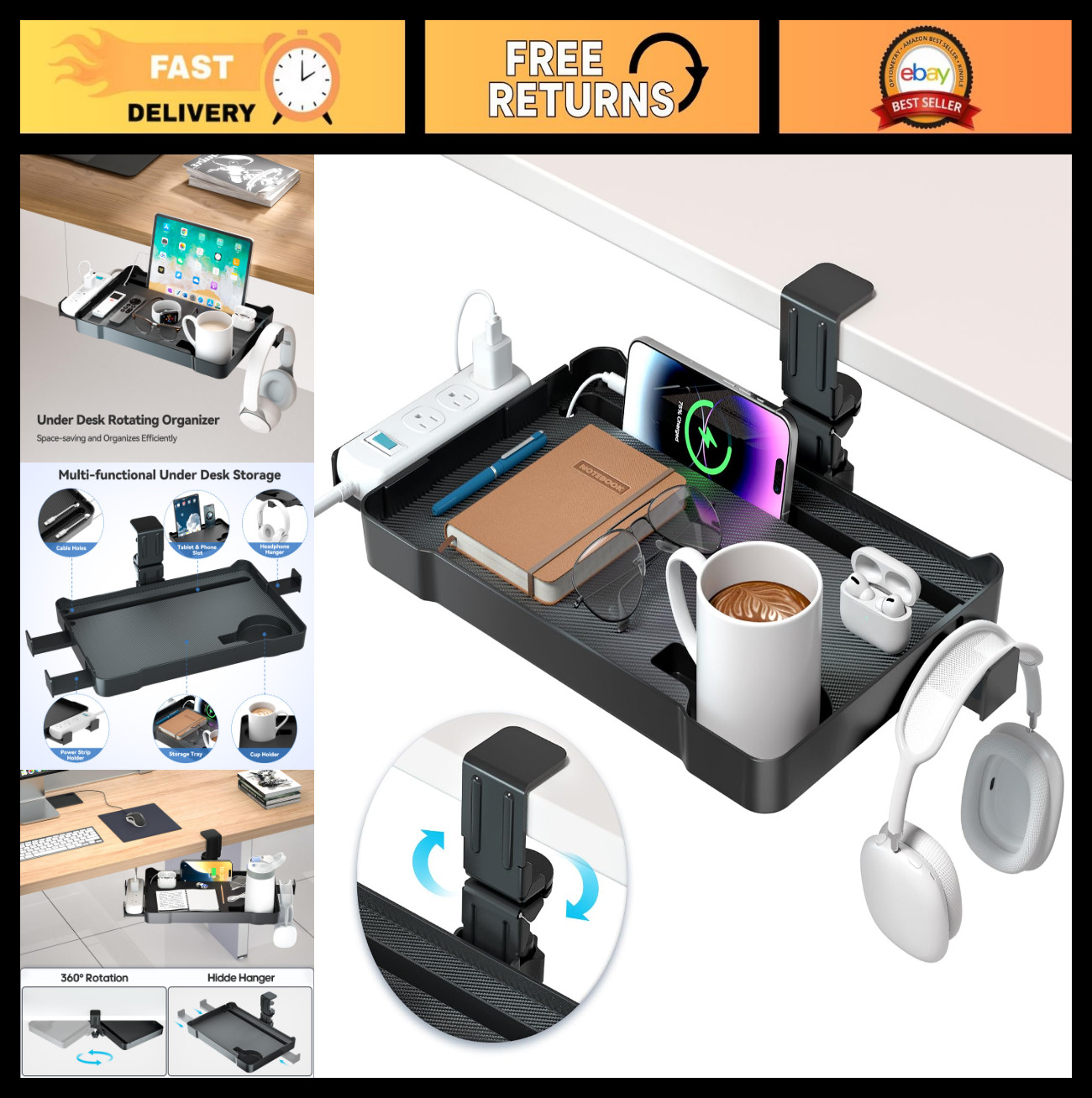 360° Rotating Under Desk Organizer with Headphone Hook, Phone Holder & Cup Holde