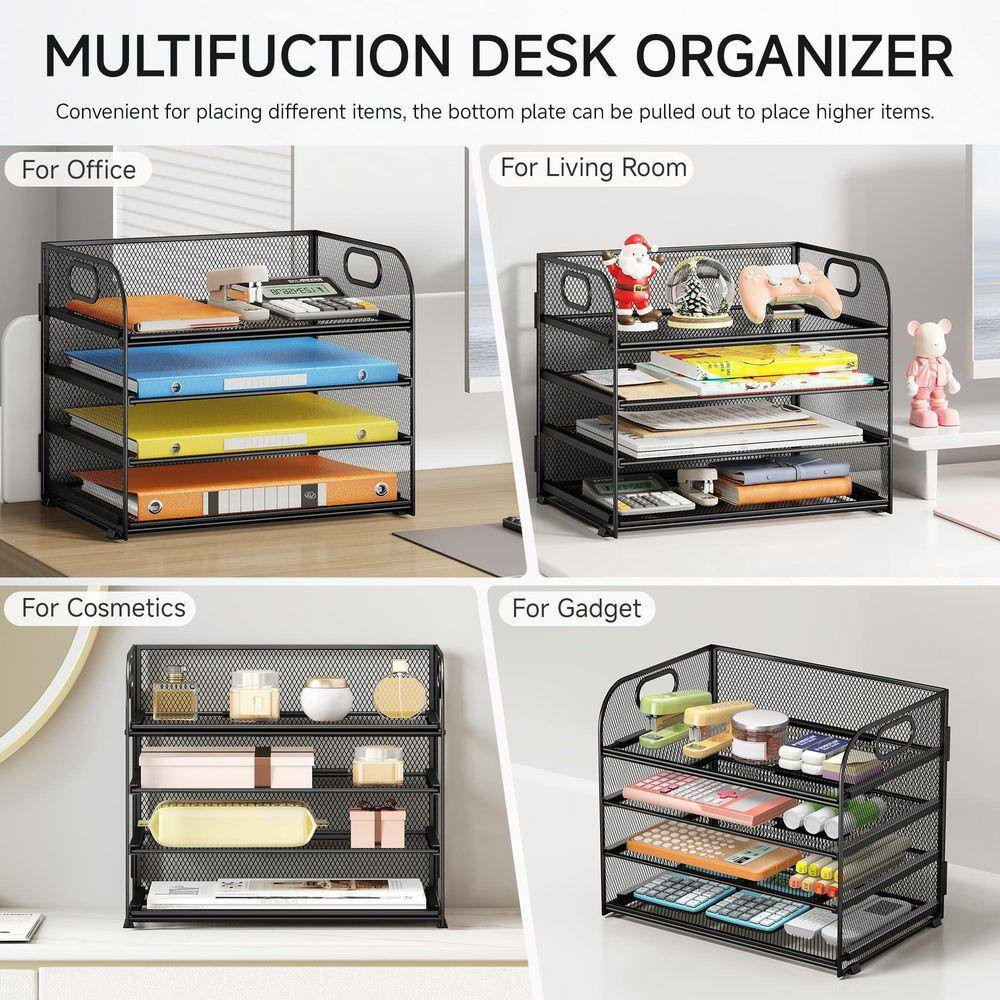 7.5 in X 12.8 in Black Metal Organizer for Desk, 4-Tier Desk Organizer Tray, Mes