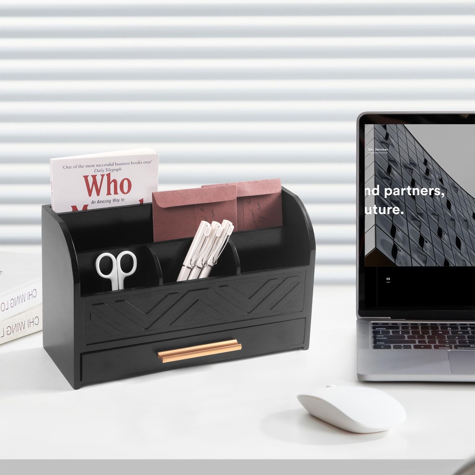 Charmewooden Black Desktop Organizer with Drawer Storage, White Desk