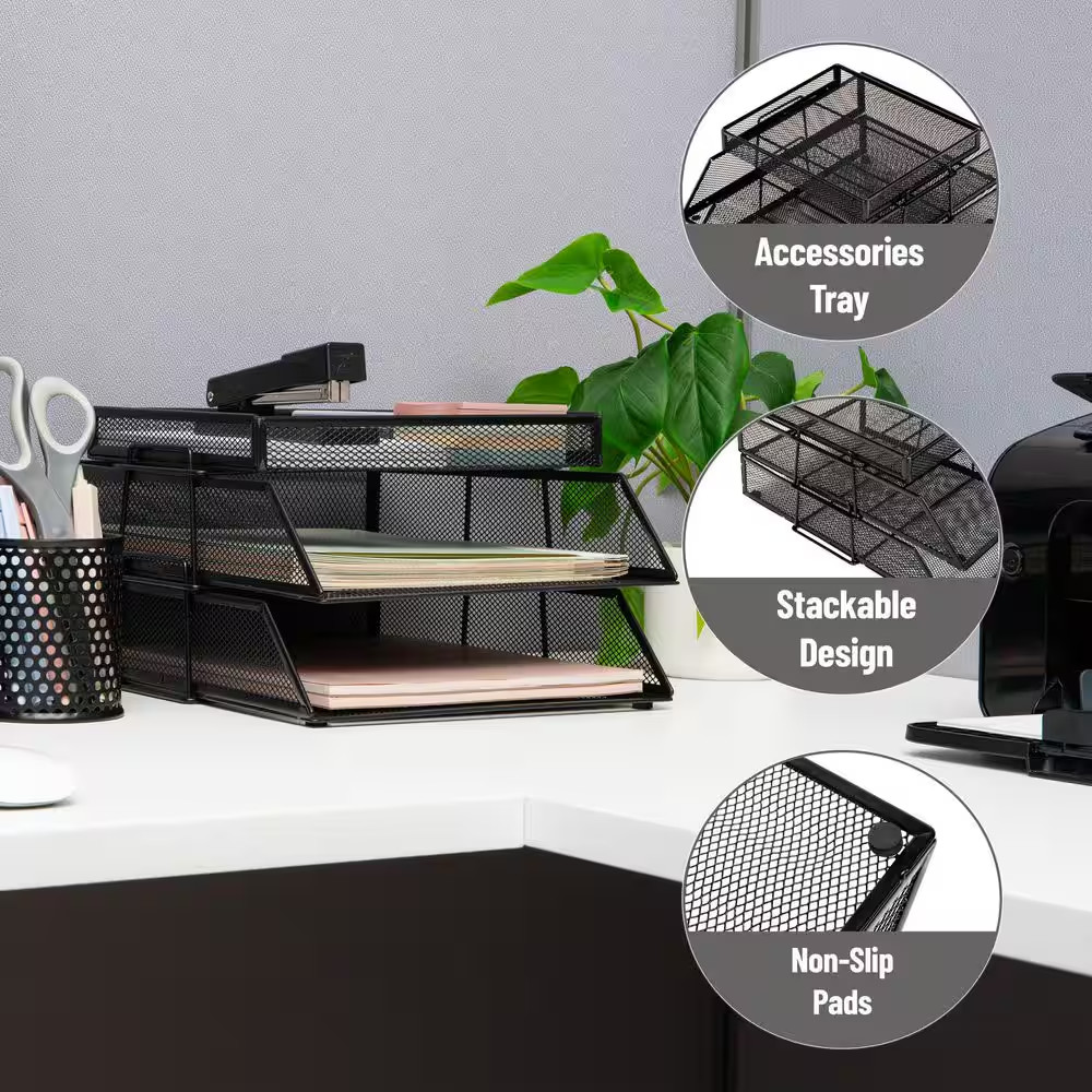 2 Tier Paper Tray with Top Supply Compartment, Desktop File Organizer, Metal Mes