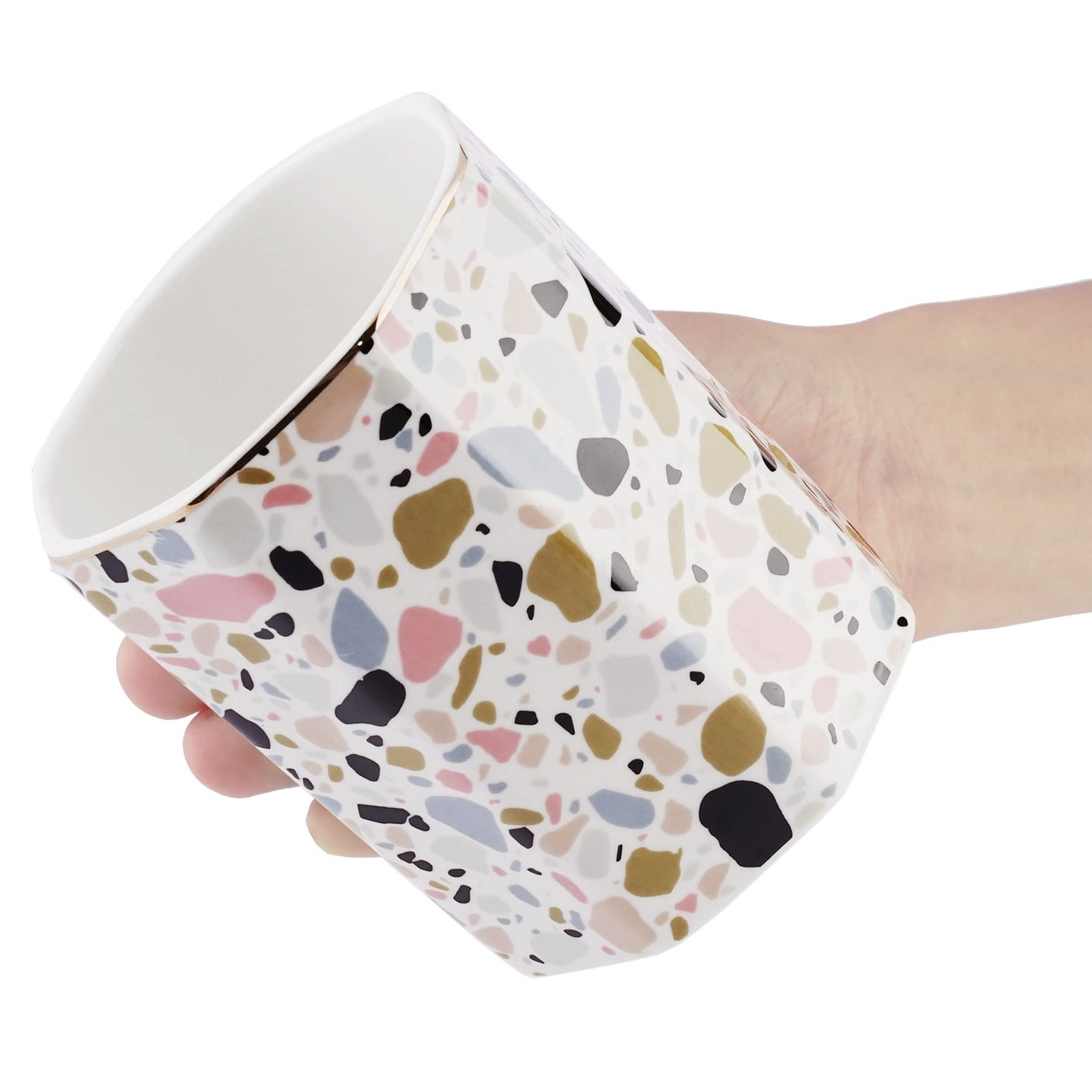 Pen Holder Makeup Brush Holder Ceramic Shiny Gold Terrazzo Marble Stone Patte…