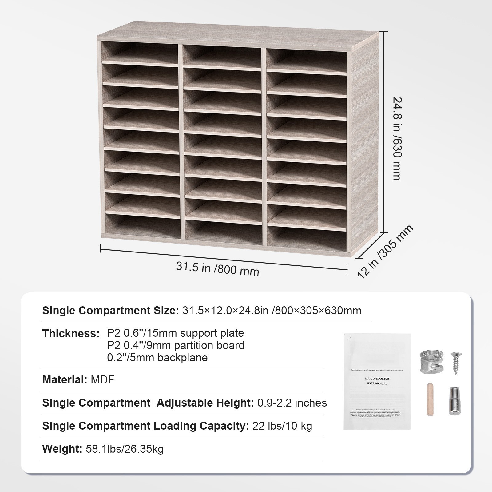 Uimoso Wood Literature Organizer File Sorter Paper Storage Holder 27 Slots Grey