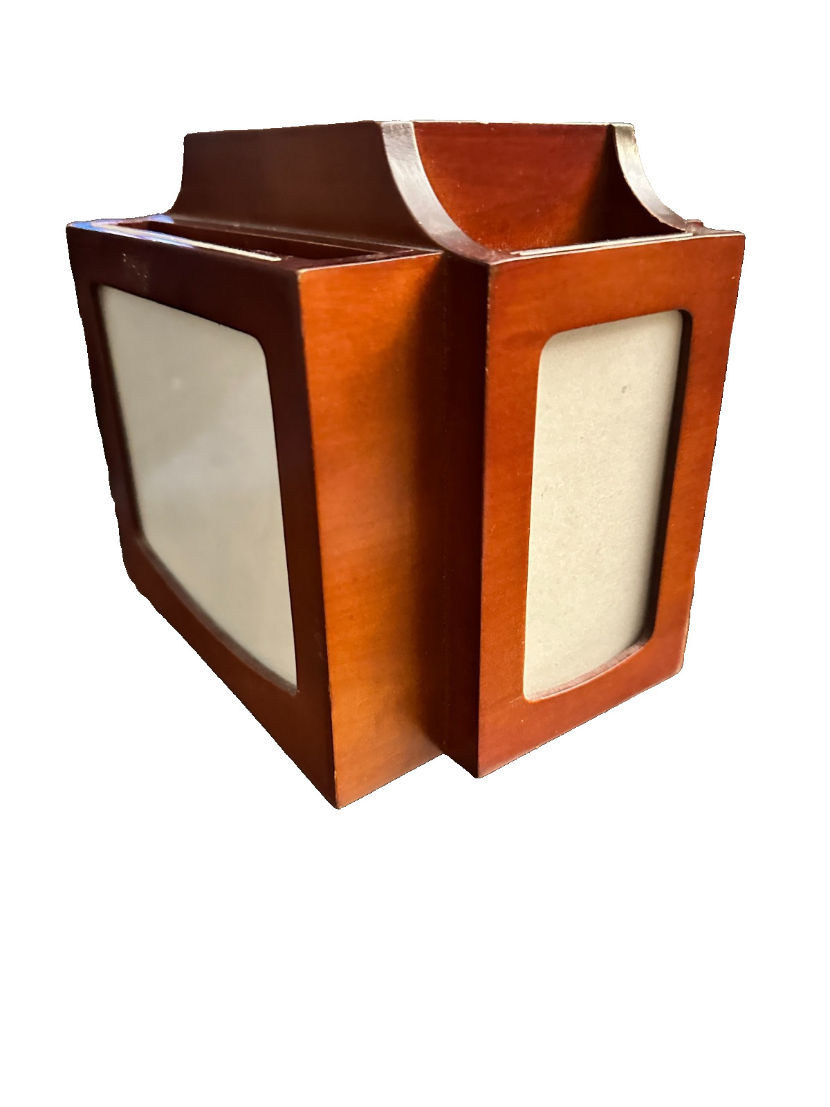 Art Deco wooden desk organizer with photo frame panels and mail holder slots.