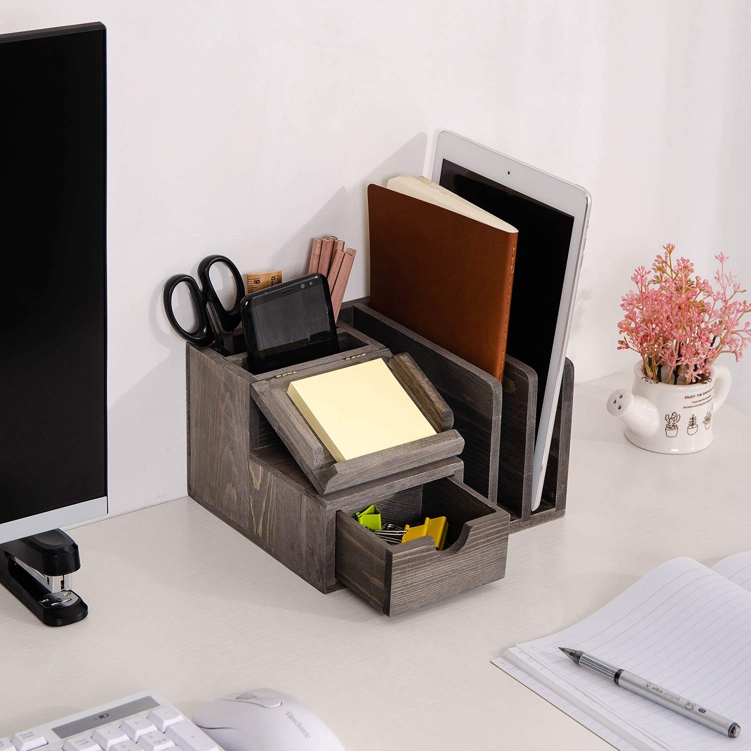 Liry Products Gray Rustic Wood Desk Organizer Storage Cabinet File Sticky Not…