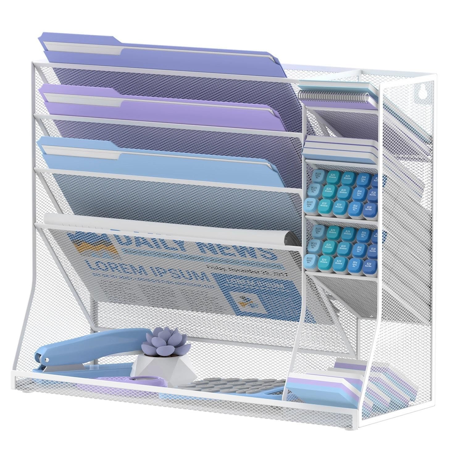 JMHUD Wall File Organizer, 5-Tier Desk Organizer with 4 Pen Slots, White