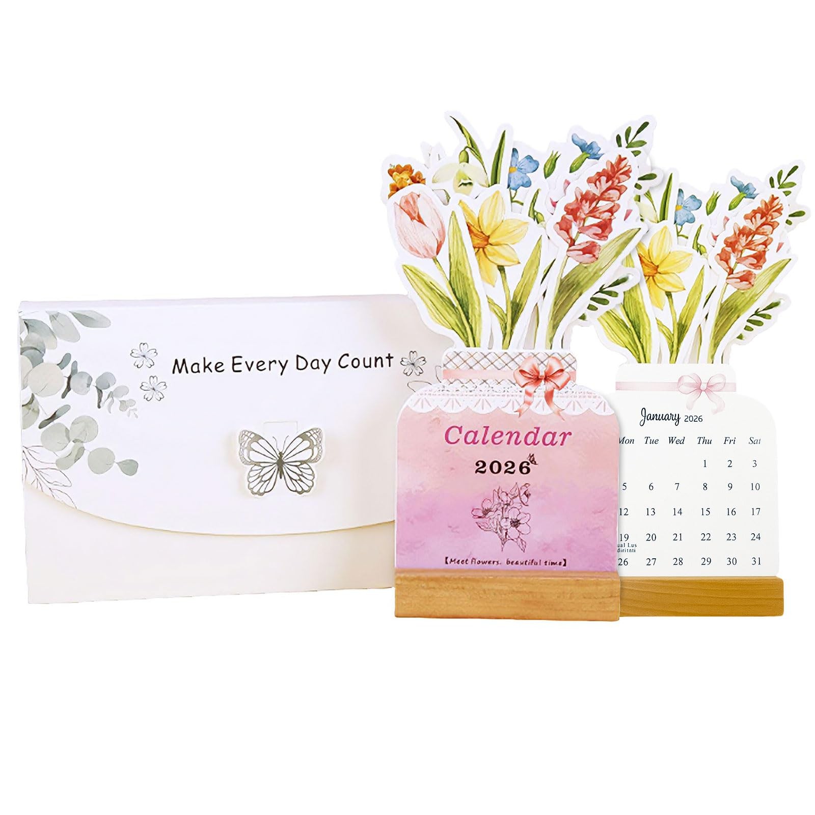 Bloomy Flowers 3D Floral Desk Calendar 2026, Pop Up 3.9″W x 8.5″H, white