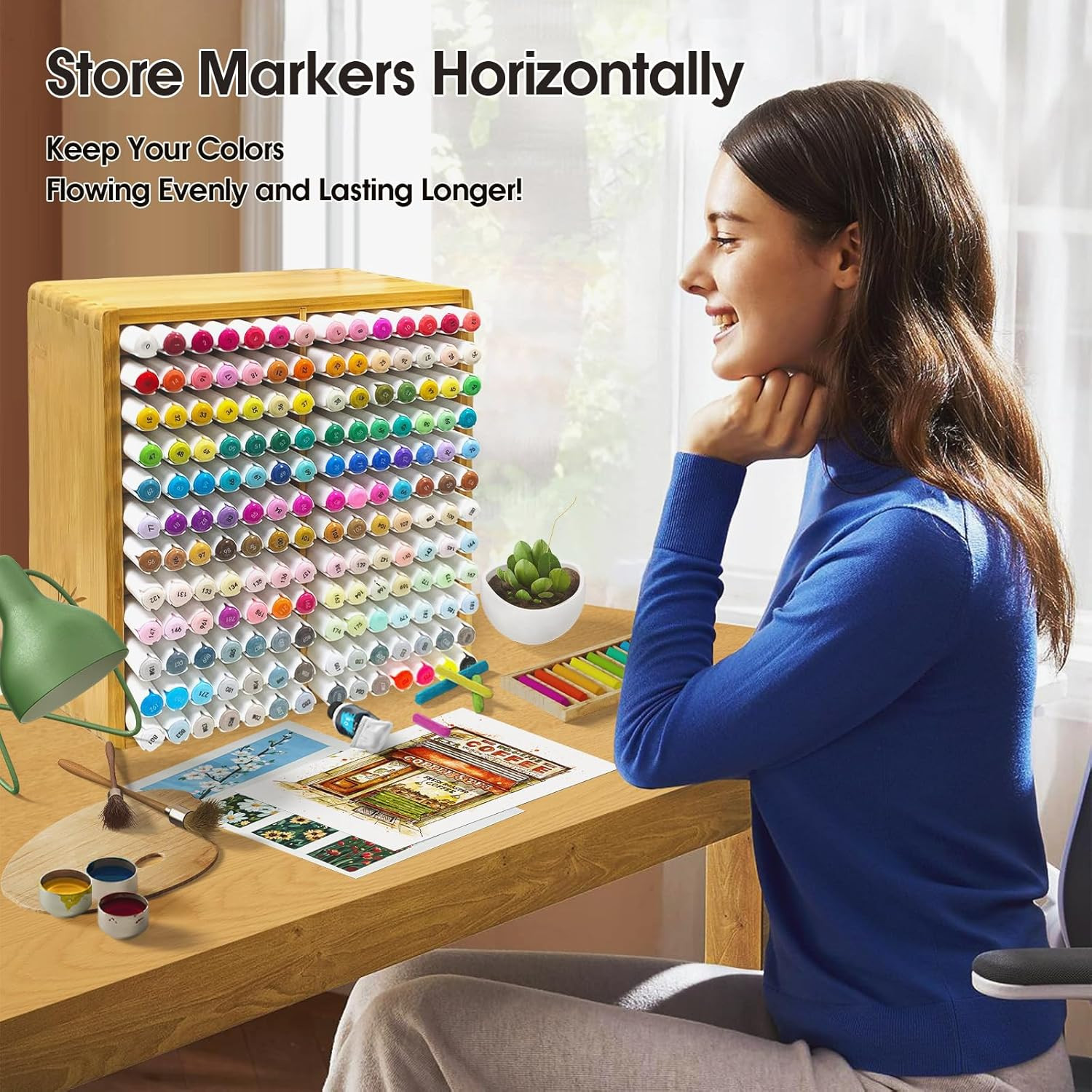 Marker Organizer for 168 Markers,Bamboo Wooden Desk Storage Organizer Rack,Marke
