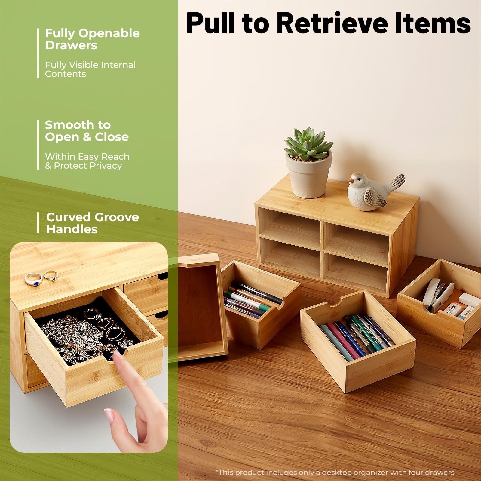 Gdrasuya10 Bamboo Desk Organizer, Drawer Tabletop 4 Drawer, Raw Wood Color