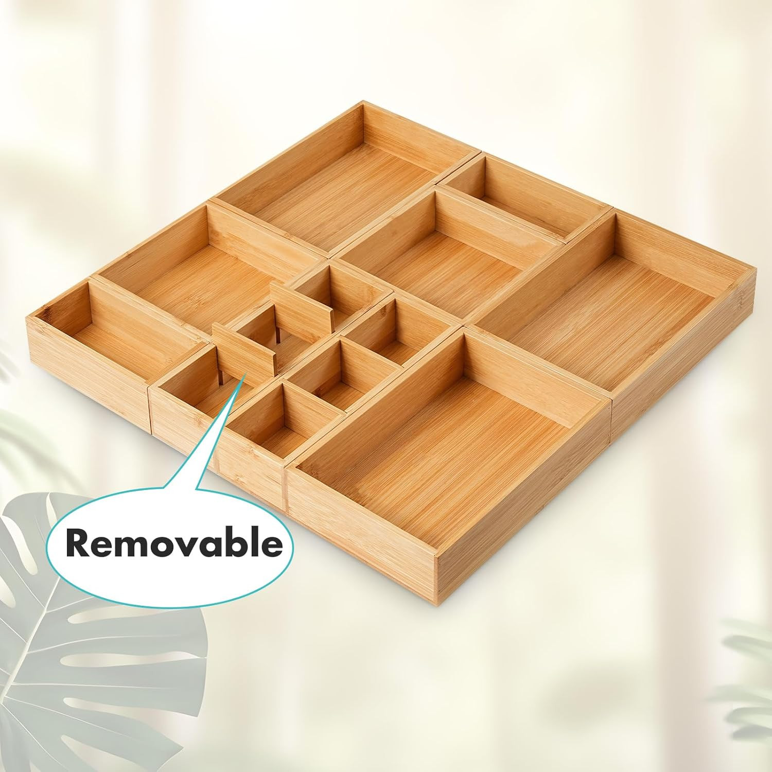 Bamboo Drawer Organizer Set of 9 Wood Storage Boxes for Kitchen Desk Bath