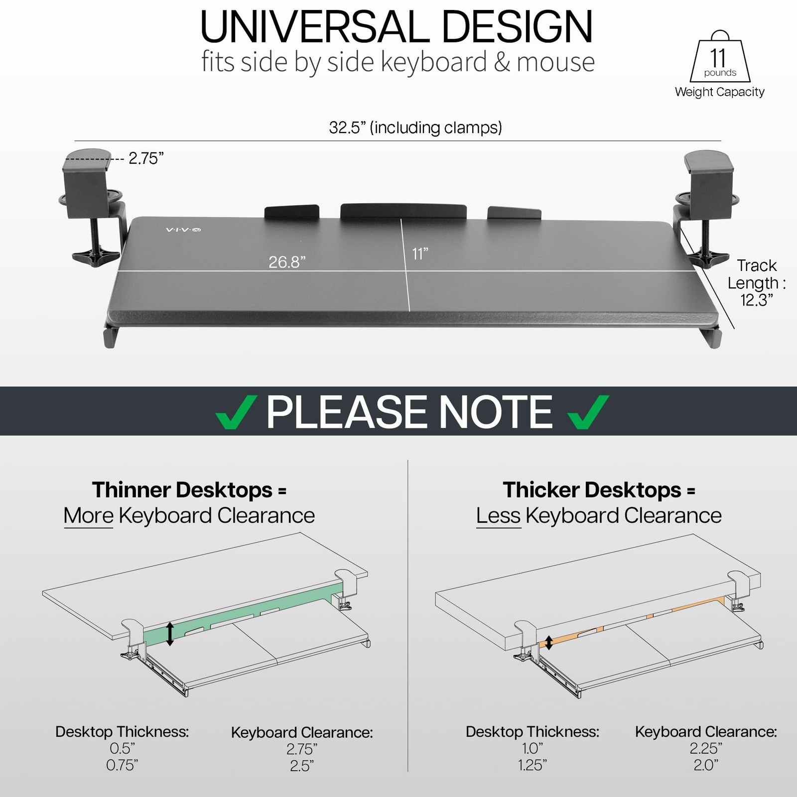 VIVO Large Under Desk Keyboard Tray with RGB LED Side 27 inch, Carbon Black