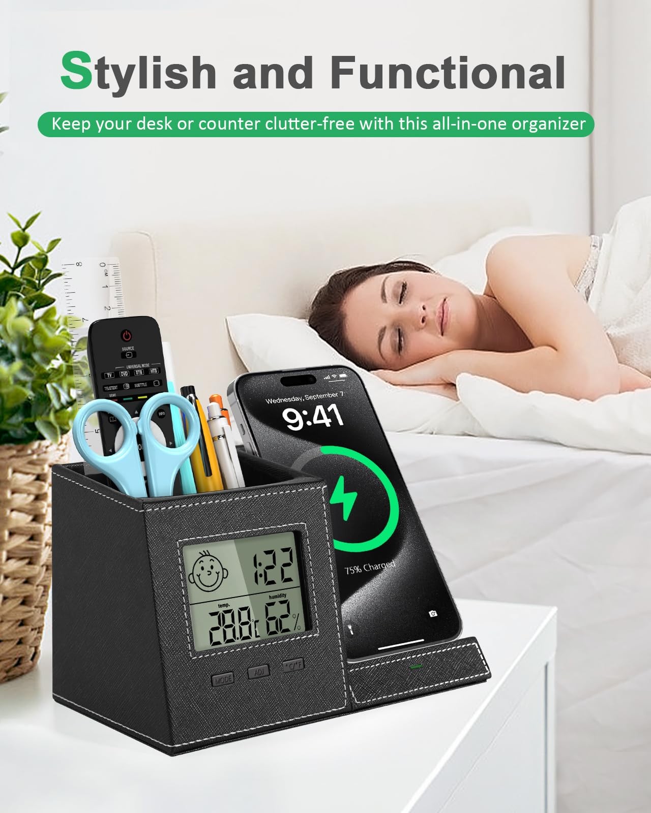Investme Pen Holder with Wireless Charger, Built in Digital Indoor Thermomete…