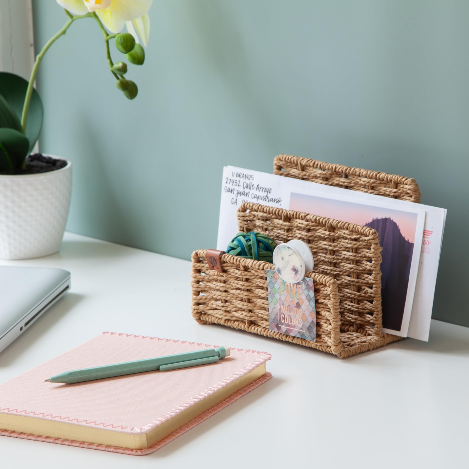 Beige Woven Letter Sorter Desk Organizer Natural Elegant Office Accessory