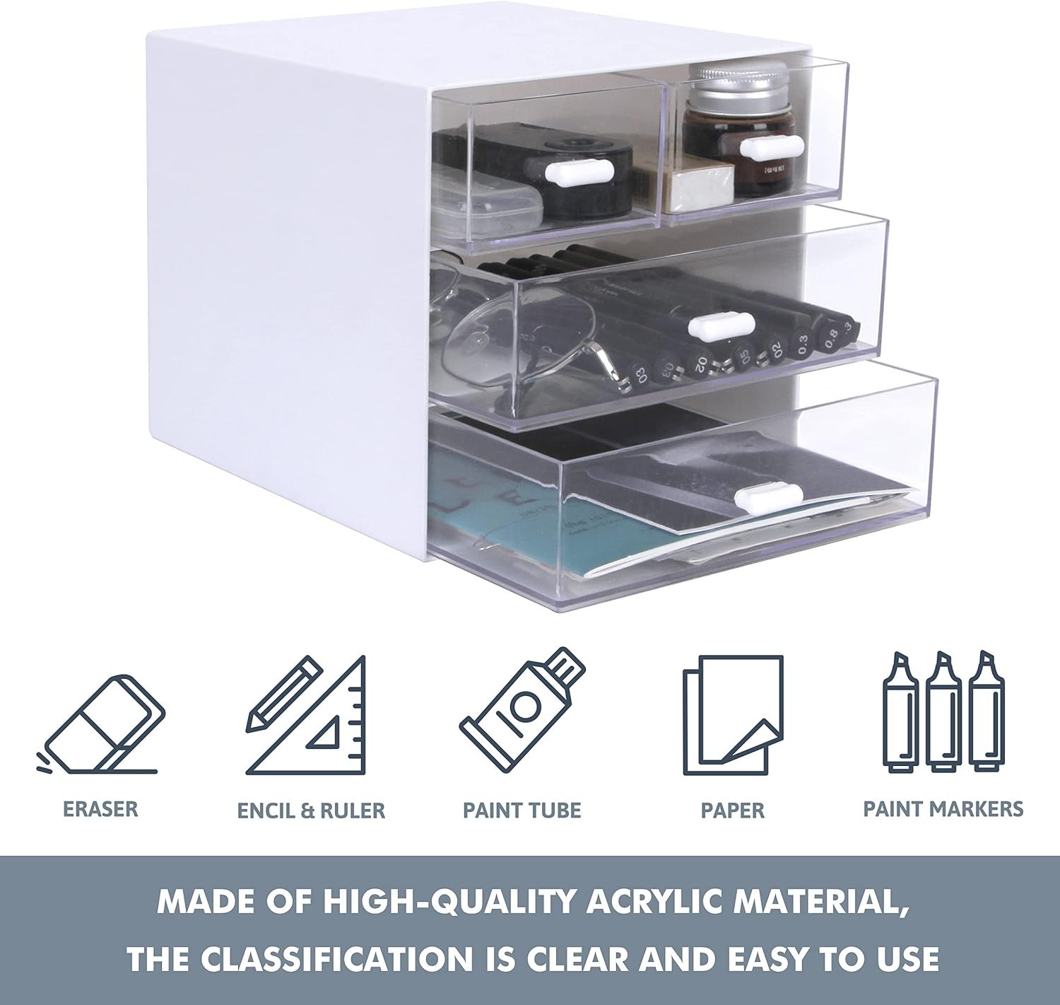 Modern White Desk Organizer with 4 Acrylic Drawers – Effortless Organization