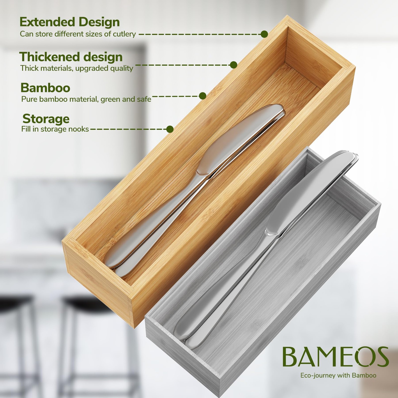 BAMEOS Kitchen Drawer Organizer,Small Silverware 2 Boxes 11×3″, Natural