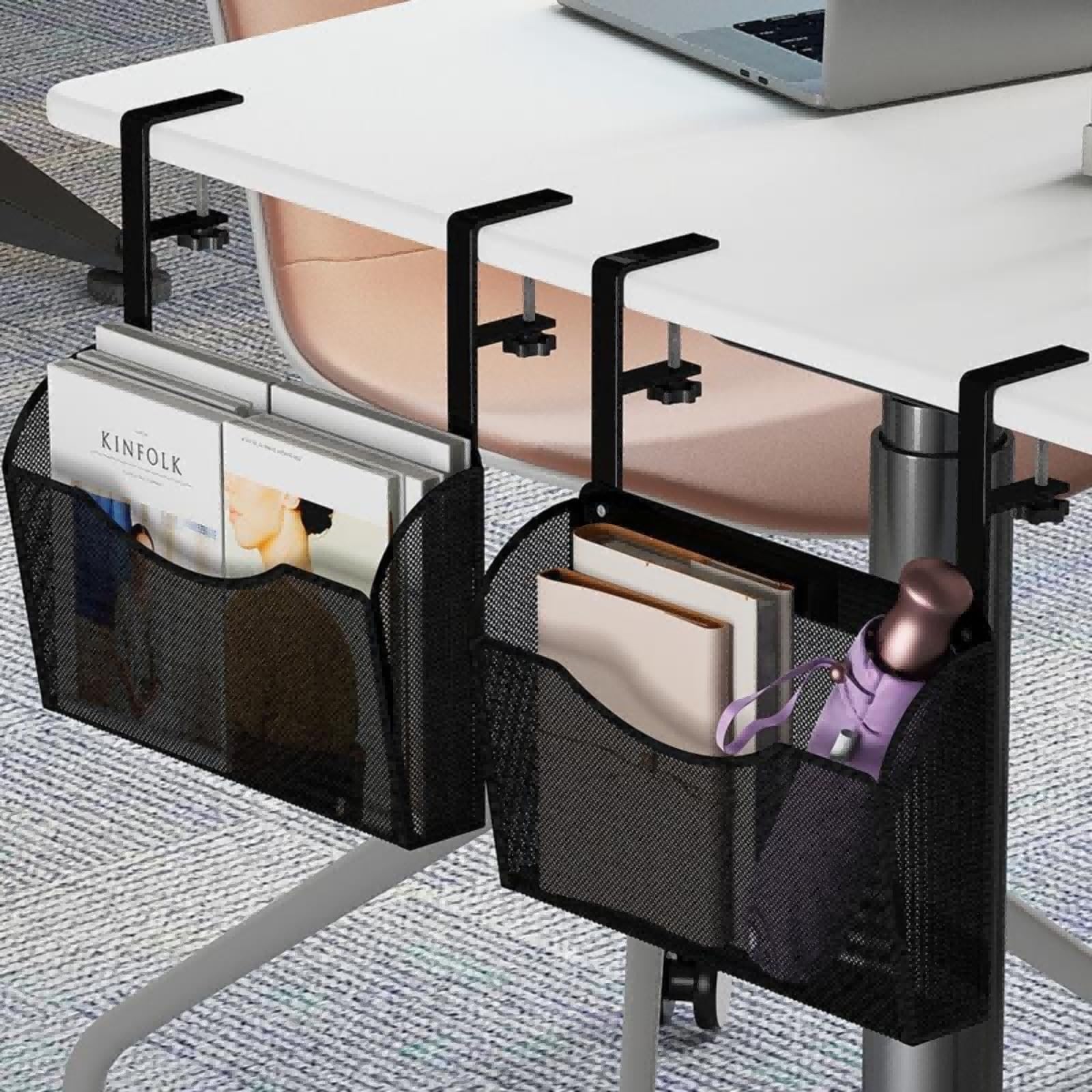Under Desk Drawer Side Storage Hanging Clamp On Mesh Metal Organizer Black