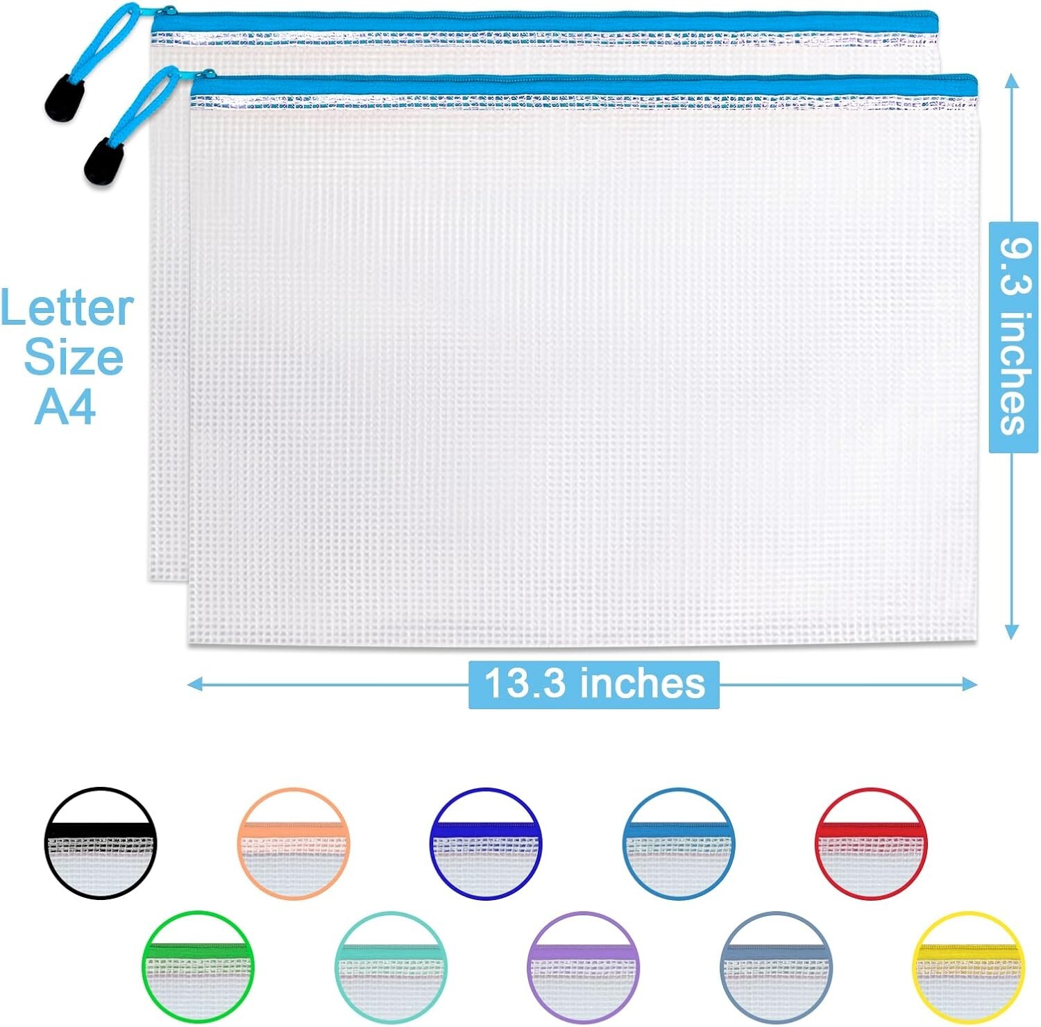 30 Pcs Mesh Zipper Pouch Bags A4 Size Waterproof File Bags with 10 Colors New