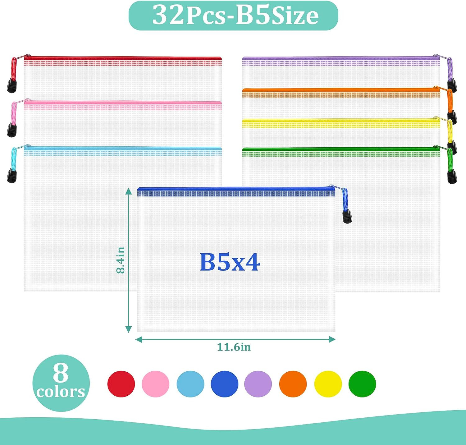 32Pcs Mesh Zipper Pouch Bags, B5 Mesh Pouch, 8 Colors Zipper Pouches for Organiz