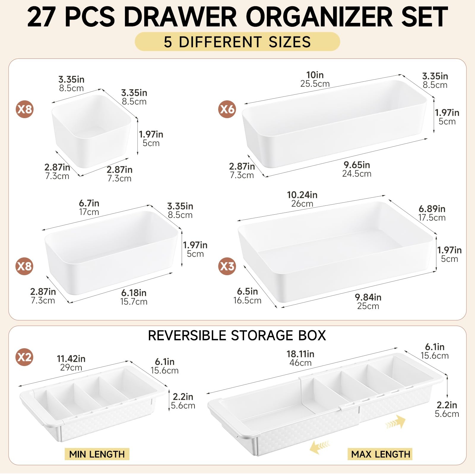 27 Pcs Deep Drawer Organizer Bulk, 2 Expandable Hanging Trays with Plastic Dr…
