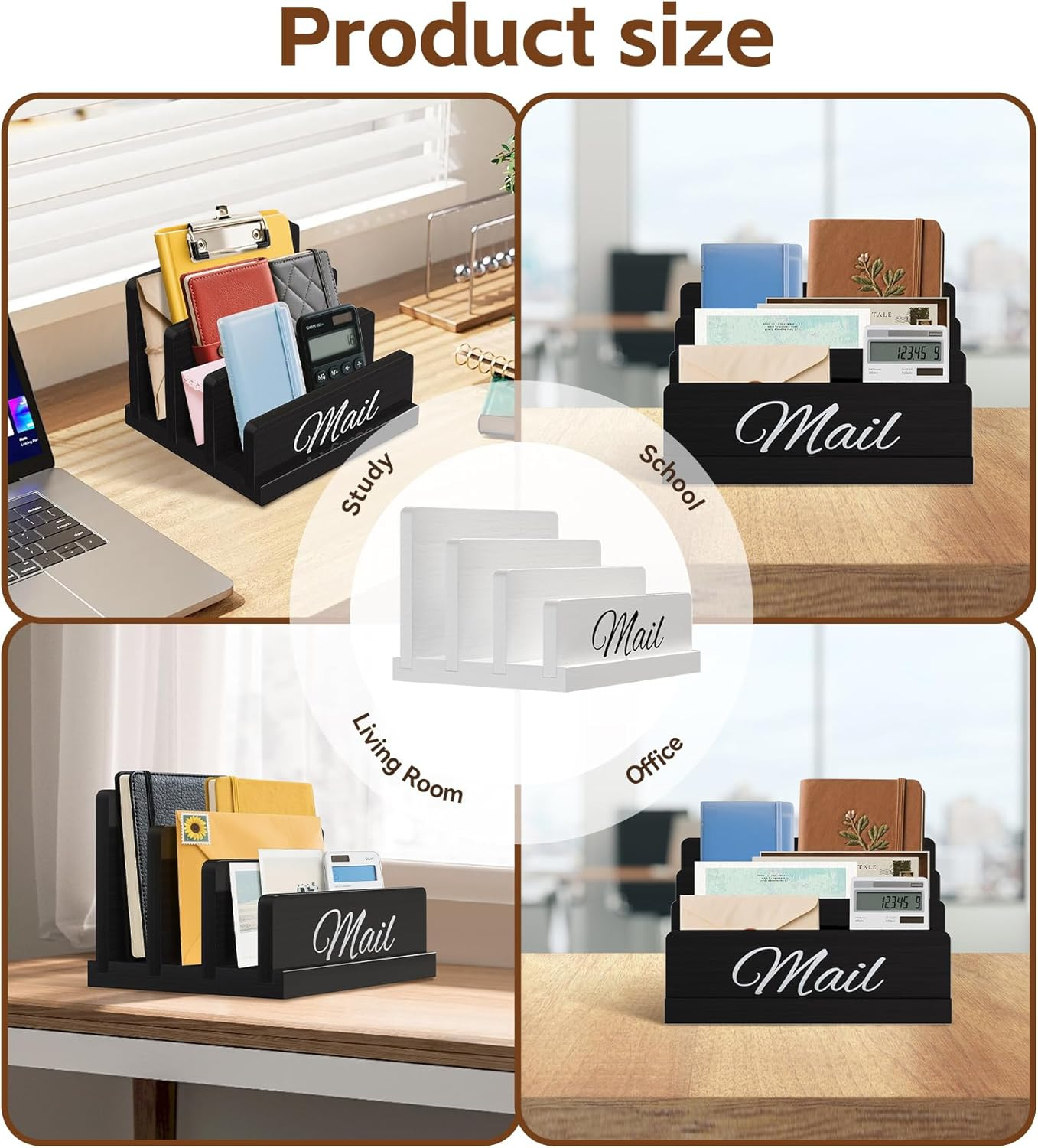 Mail Organizer for Desk,Wooden Mail Holder with Divider, 3-Slot Letter Sorter Fi