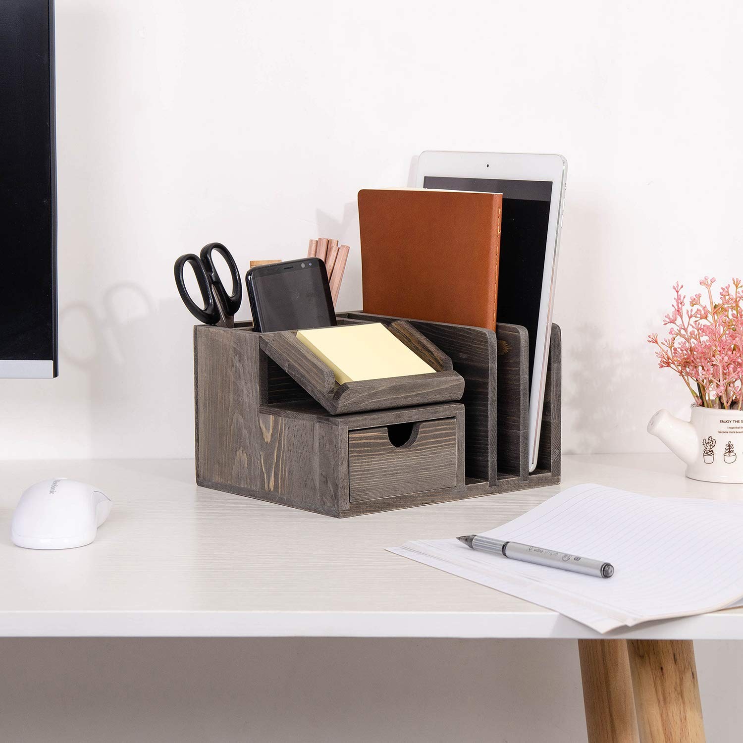 Liry Products Gray Rustic Wood Desk Organizer Storage Cabinet File Sticky Not…