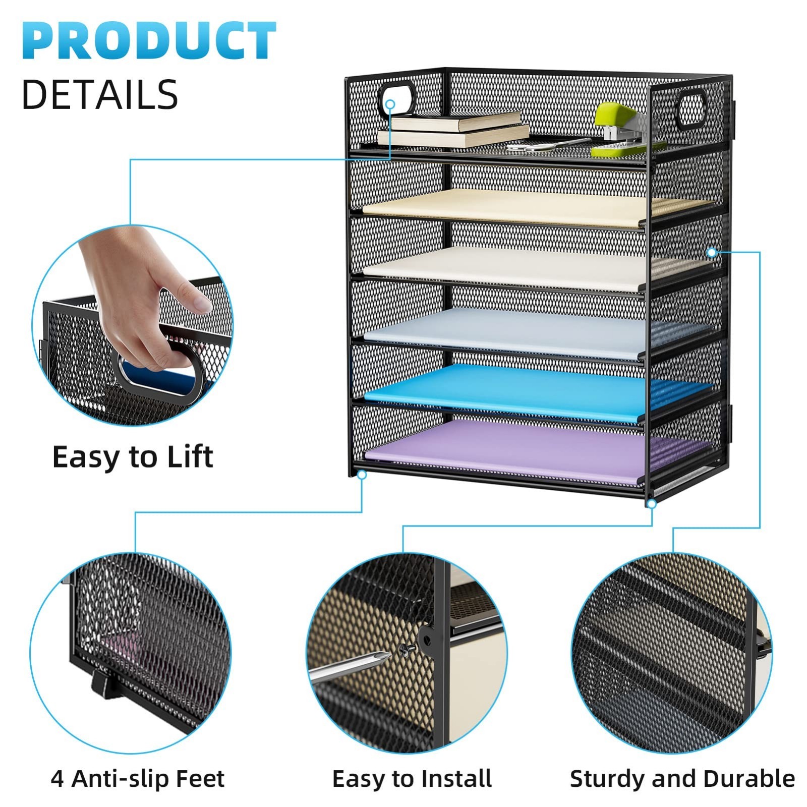 6 Tier Mesh Paper Organizer with Handle – Desk File Sorter for A4/Letter Folders