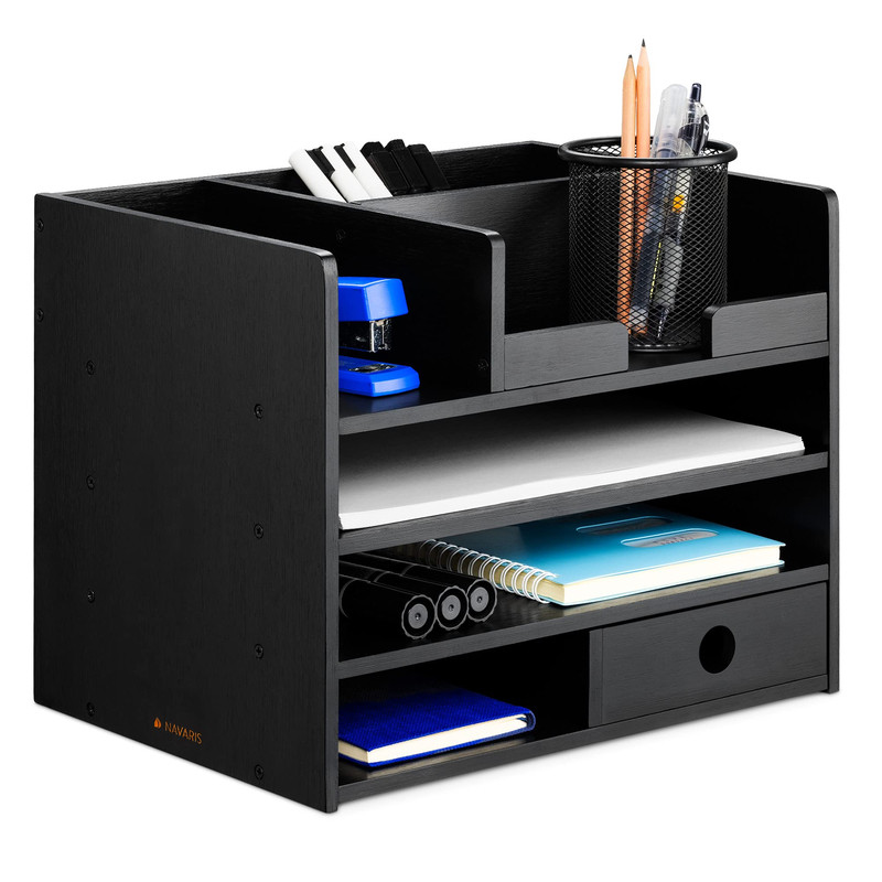 Navaris Bamboo Desk Organizer – Desktop Table Storage Drawers And Compartments