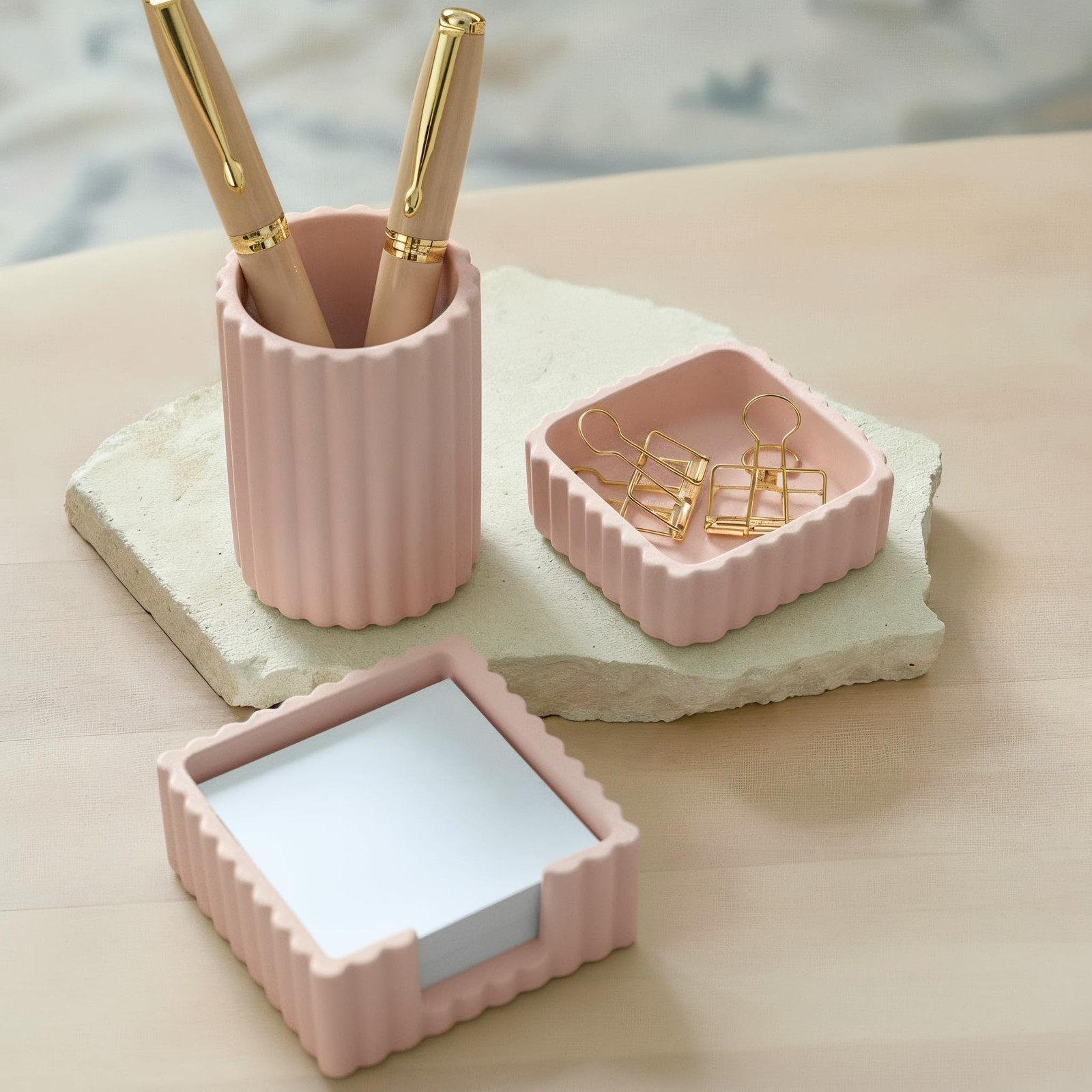 1 Set Modern Aesthetic Pink Concrete Desk Organizers Accessories 3 PCS