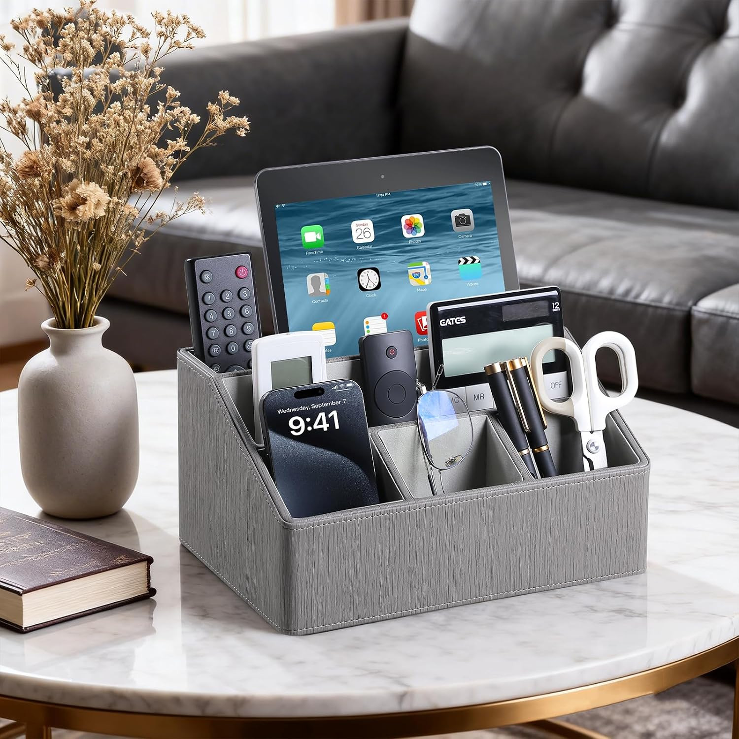 Luxury PU Leather Desk Organizer & Remote Holder – Grey Caddy for Home & Office