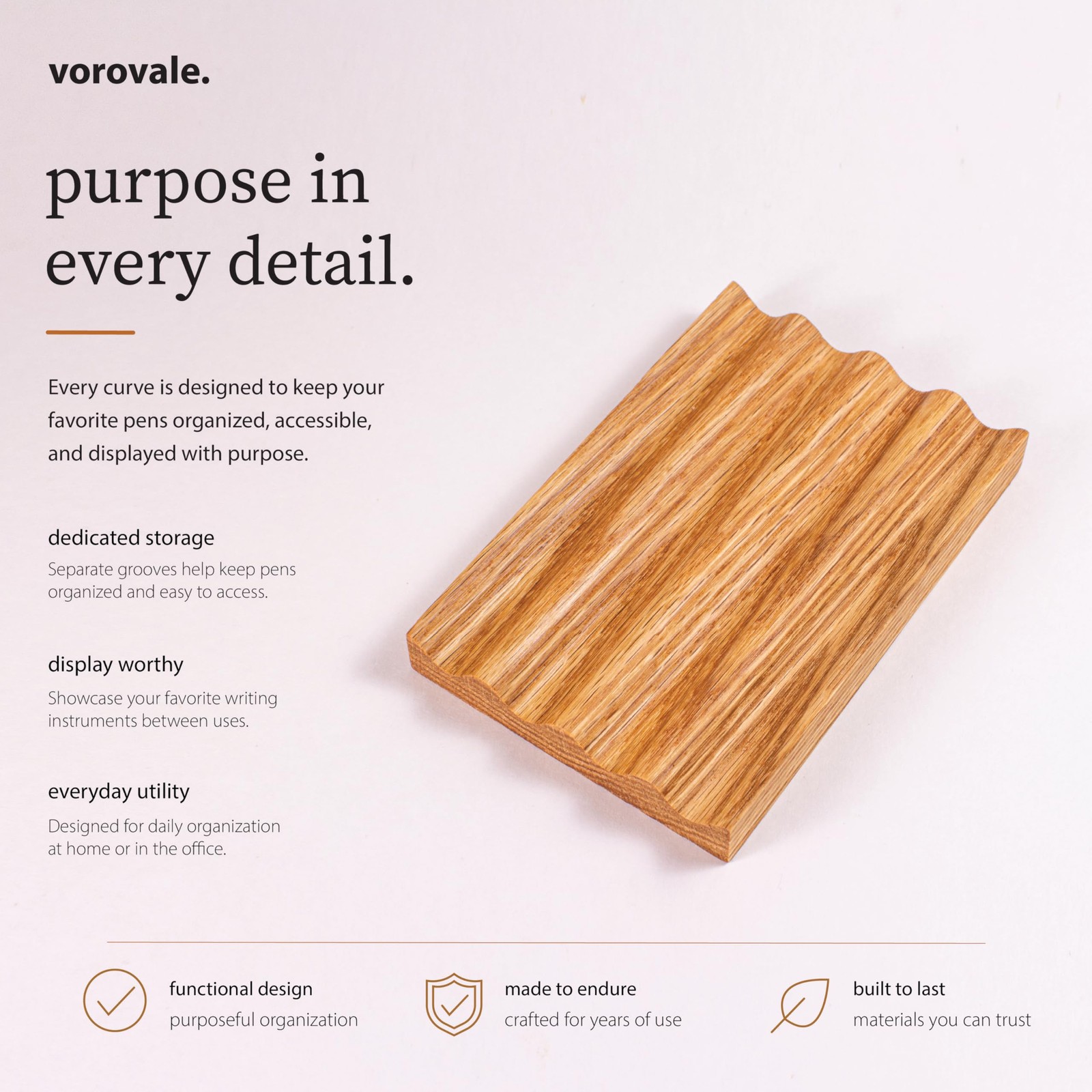 Solid Oak Pen Tray, Minimalist Desk Organizer, Natural Wood Pen Holder with R…