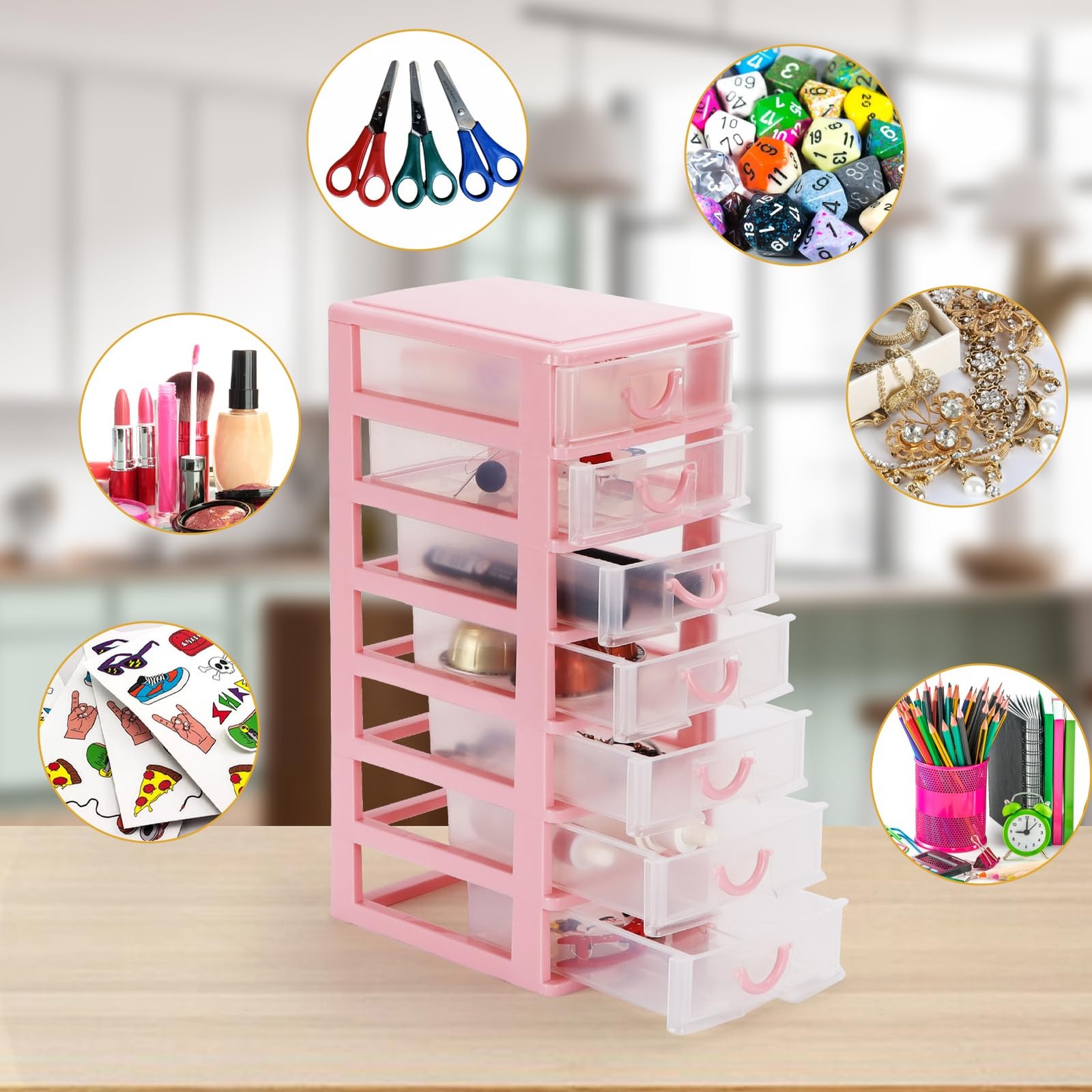 Rempry Mini Plastic Organizer with 7 Clear Drawers, 7.1″x5.1″x13.2″ Pink