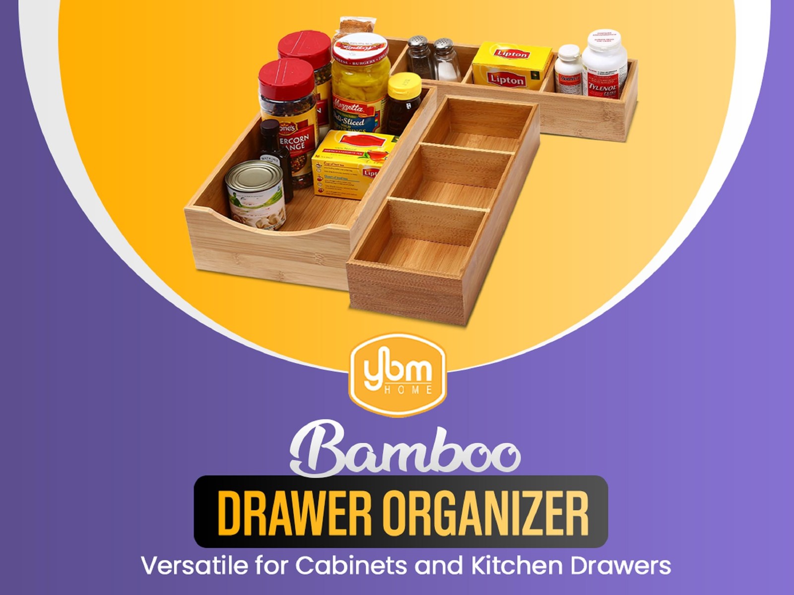 Ybm Home 3-Compartment Bamboo Drawer Organizer Multi-Use Storage For Junk