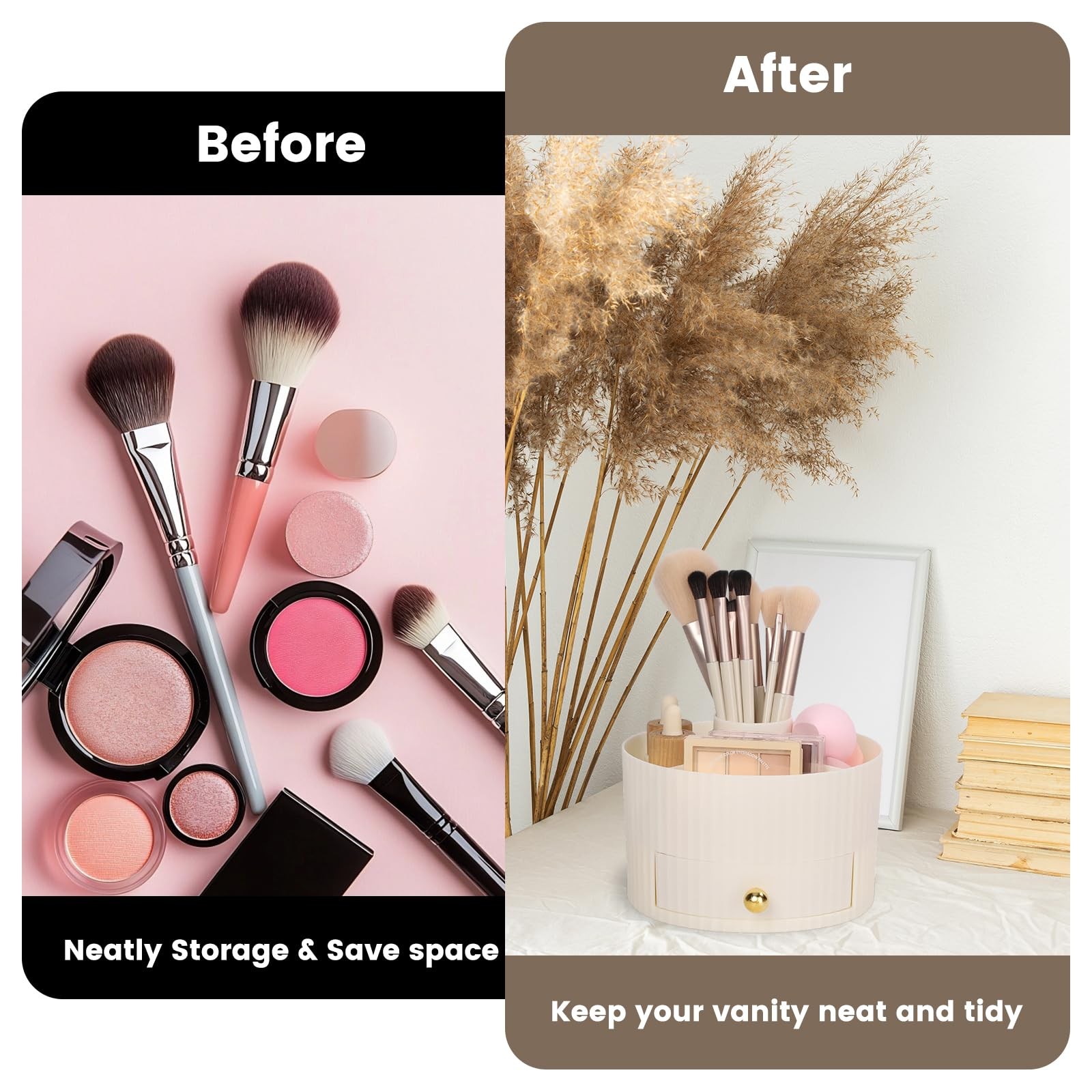 Makeup Brush Organizer Holder with 5 Slots and Drawer White