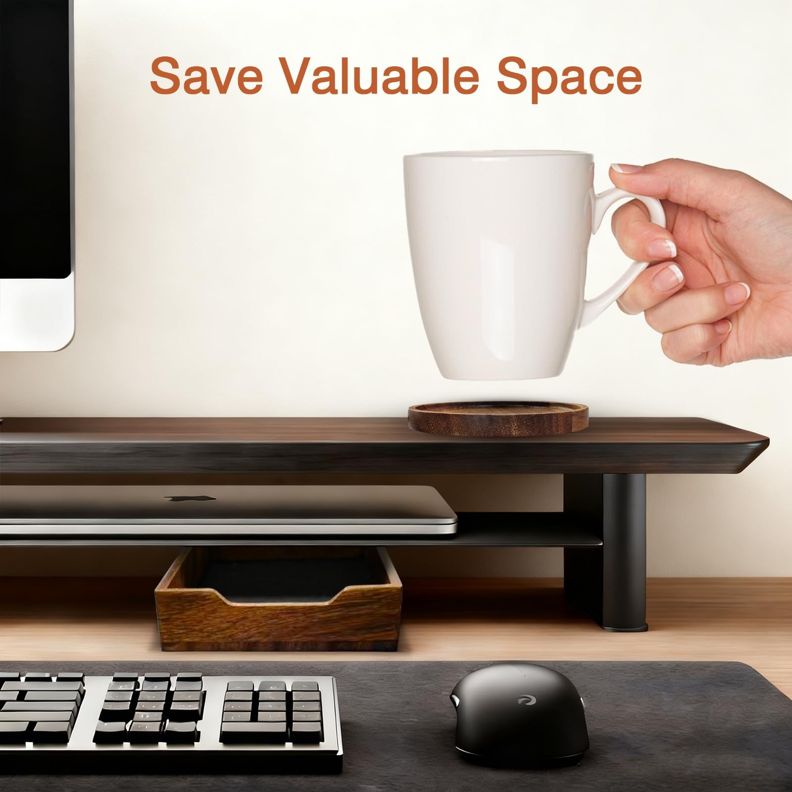 Walnut Desk Tray with Cup Coaster Set Felt Lined Wooden Desk Organizer Set