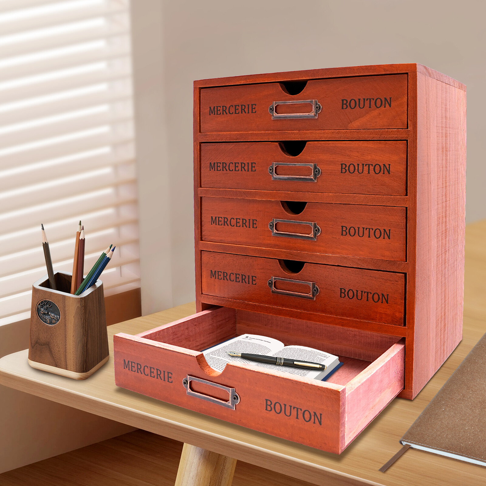 5-Drawer Brown Wooden Desk Organizer Storage Drawers Vintage Shelf Drawer