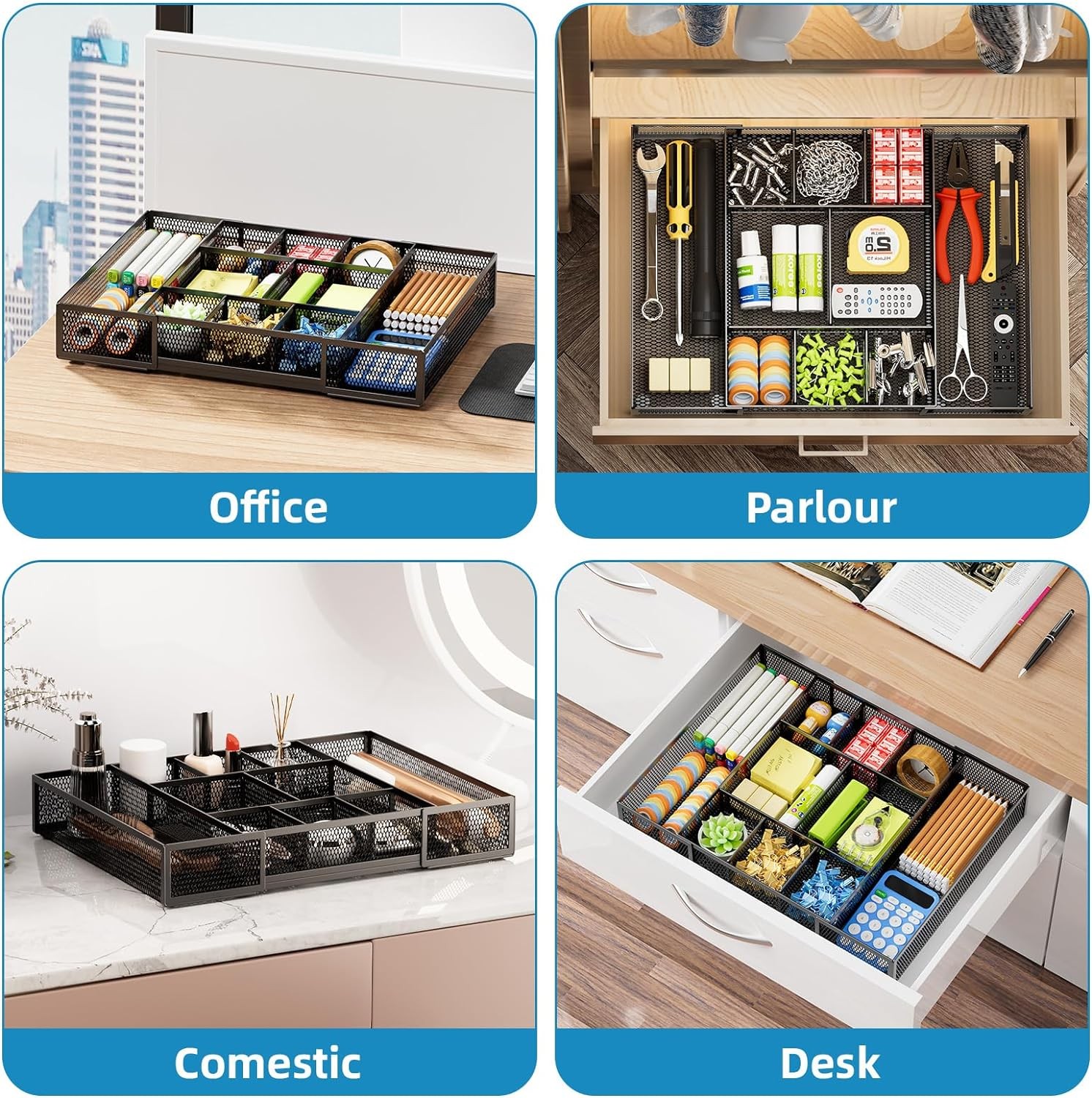 Expandable Desk Drawer Organizer, Mesh Drawer Organizer Tray with 10 Adjustable