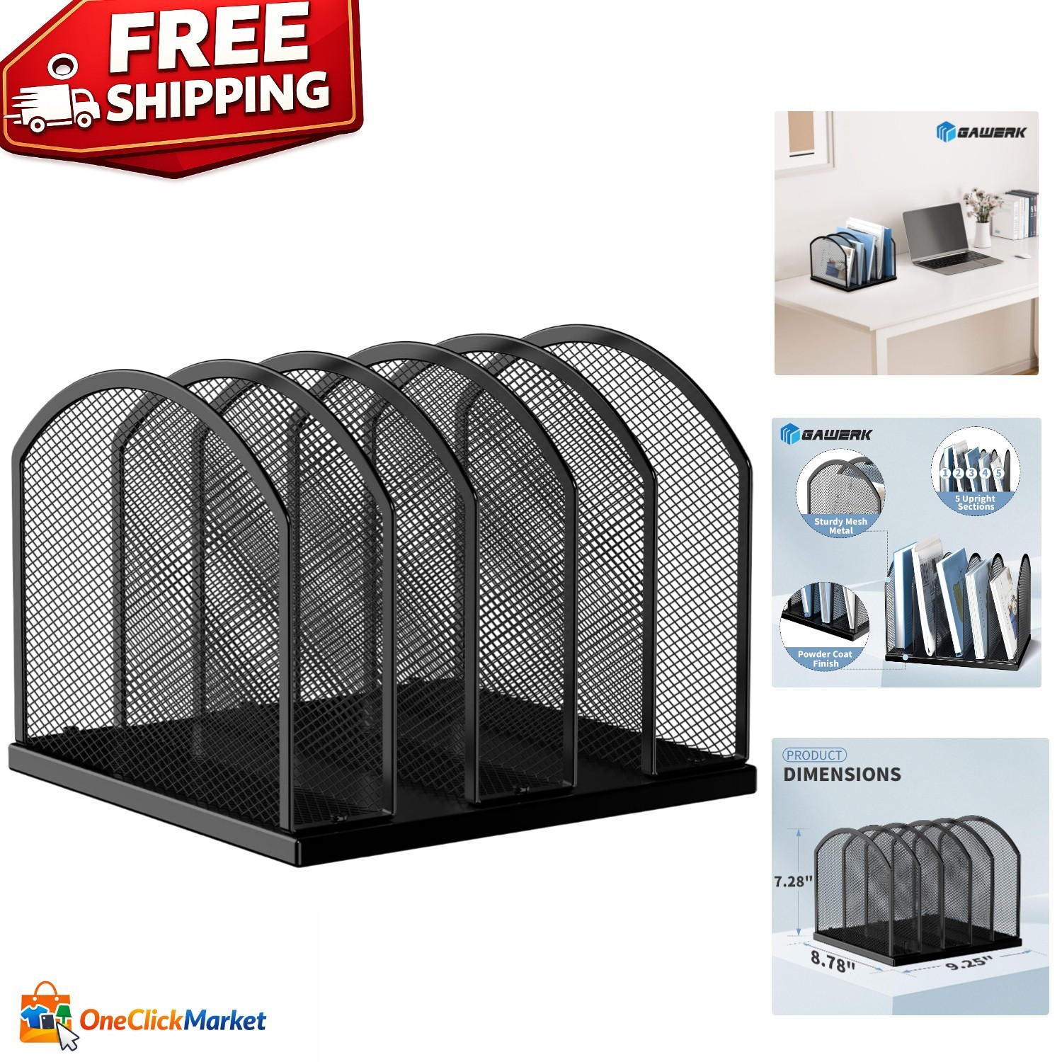 Durable 5-Shelf Vertical Organizer – Mesh File Holder for Office and Home, Black