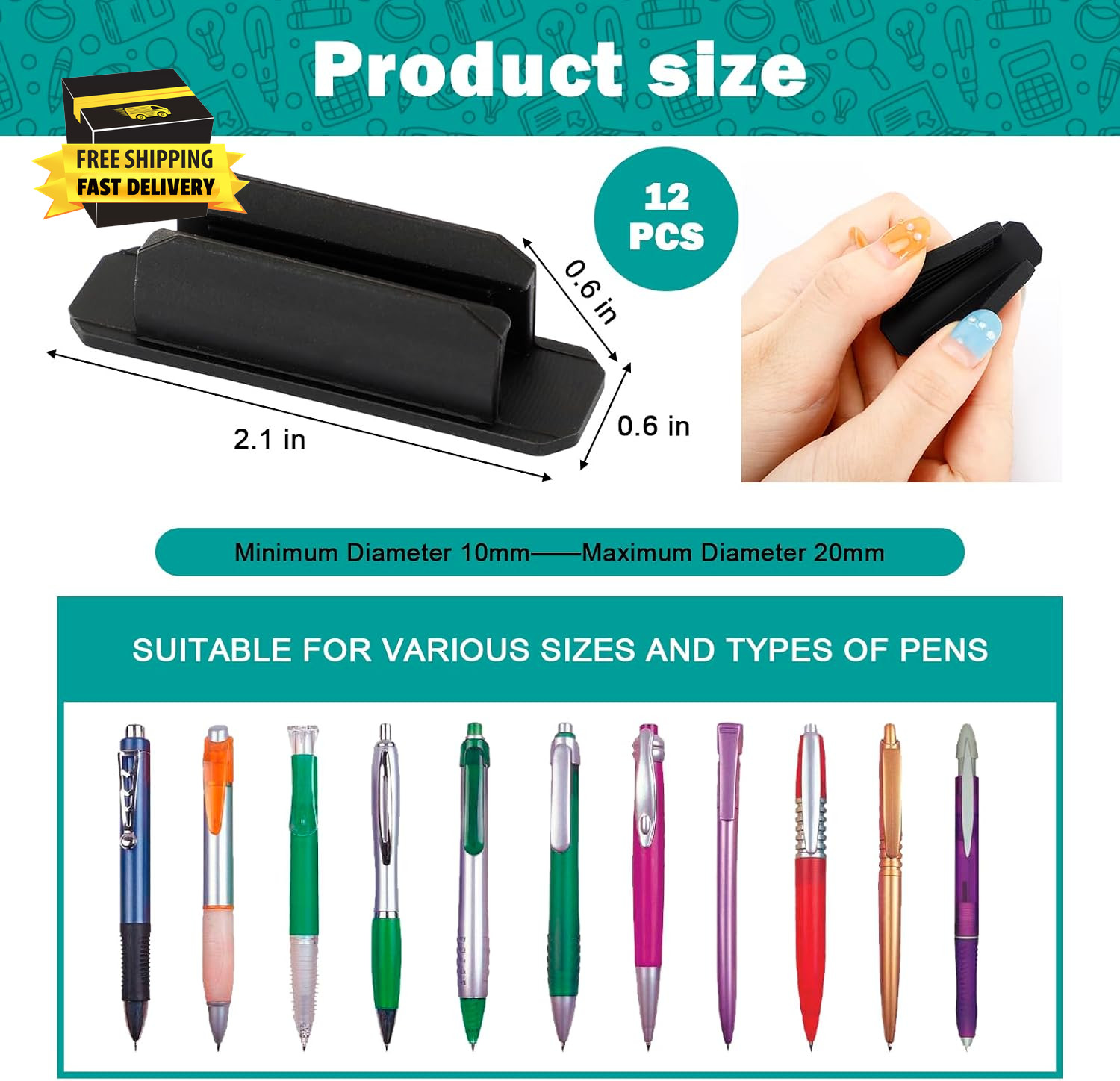 12PCS Pen Holder for Desk Silicone Pen Clip Adhesive Pencil Grips, Pencil Holder