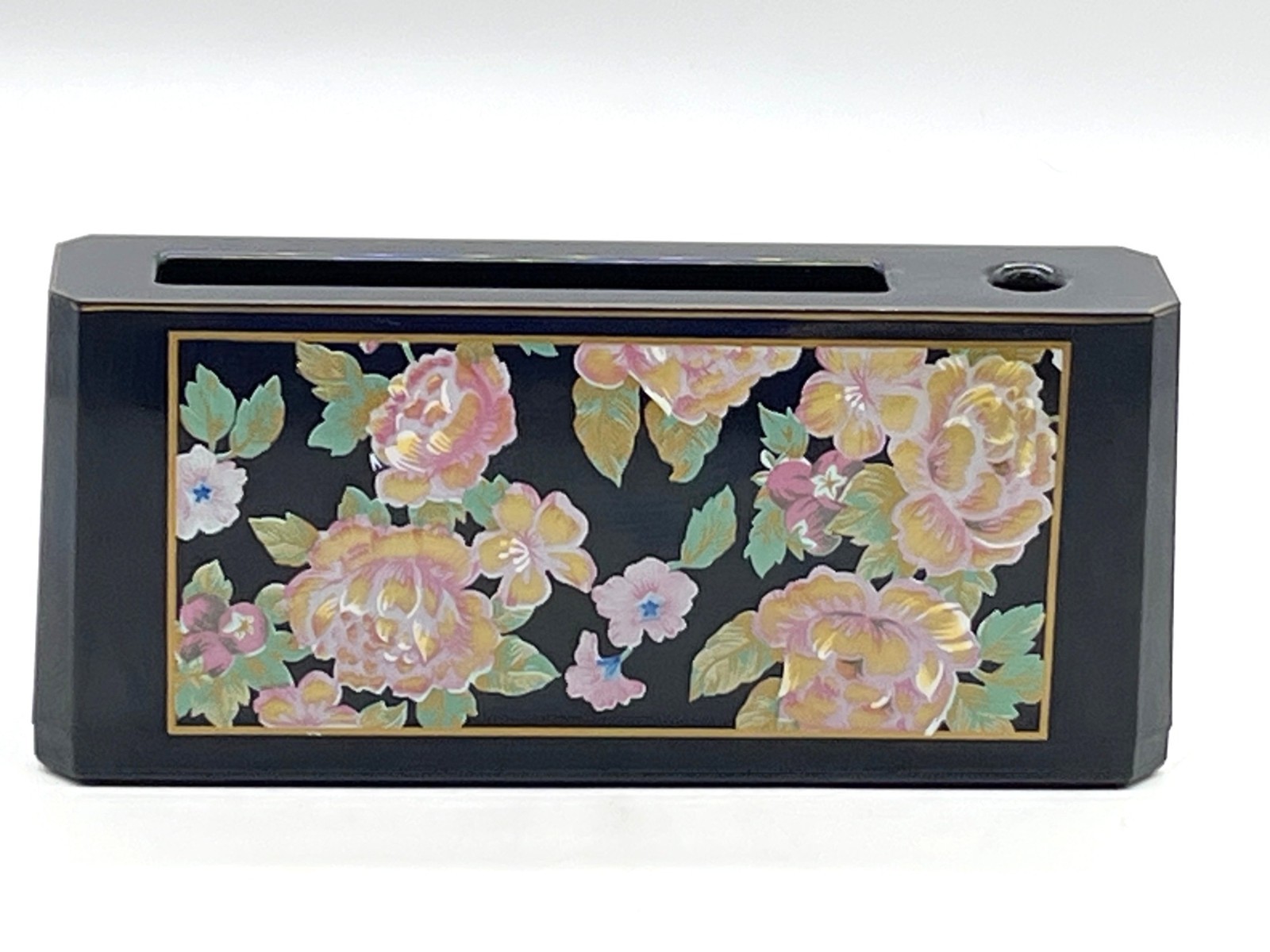Vintage Otagiri Tavistock Black Lacquerware Floral Desk Organizer Made In Japan