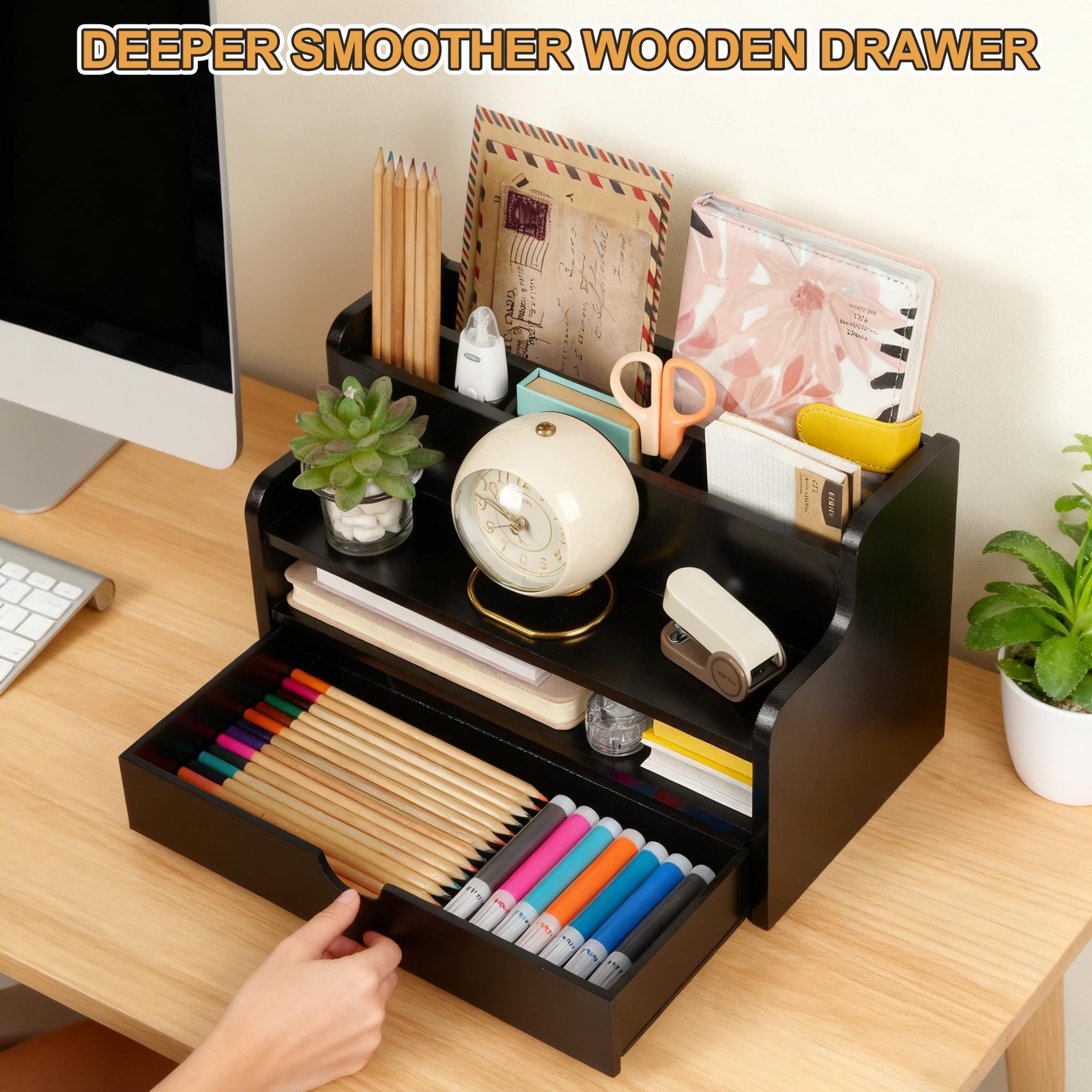Mail Organizer Countertop, 4 Slots Desk Organizer with Drawer and Shelf, Wood…